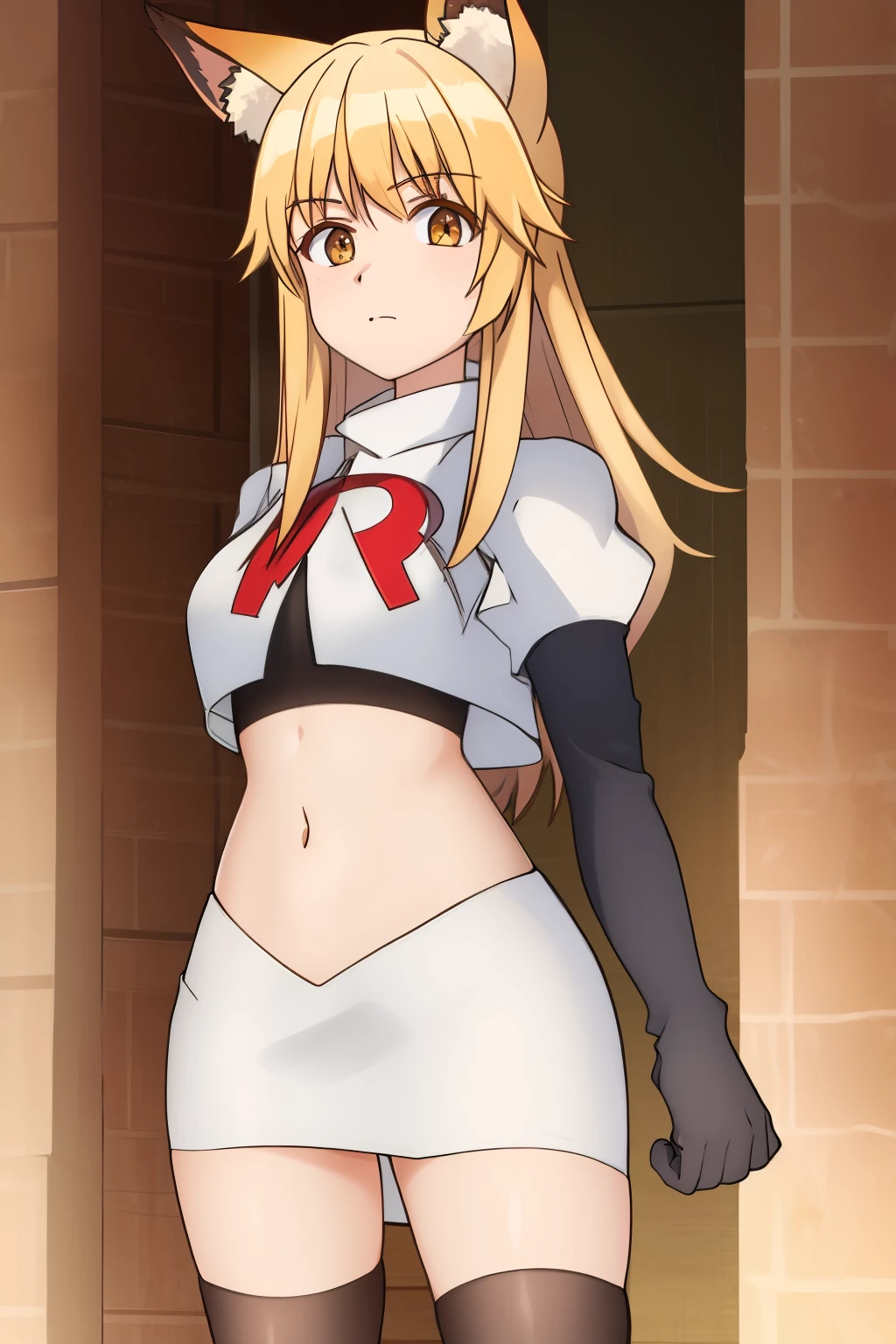 nina, 1girl, solo, long_hair, looking_at_viewer, bangs, blonde_hair, animal_ears, brown_eyes, yellow_eyes, animal_ear_fluff, fox_ears, sleeveless_kimono, team rocket,team rocket uniform, red letter R, white skirt,white crop top,black thigh-highs ,black elbow gloves