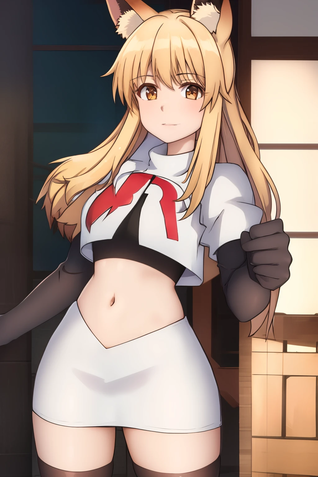 nina, 1girl, solo, long_hair, looking_at_viewer, bangs, blonde_hair, animal_ears, brown_eyes, yellow_eyes, animal_ear_fluff, fox_ears, sleeveless_kimono, team rocket,team rocket uniform, red letter R, white skirt,white crop top,black thigh-highs ,black elbow gloves