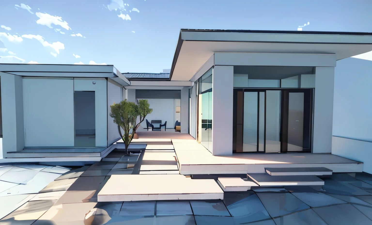 a rendering of a house with a courtyard and a patio, exterior design, concept house, vue 3d render, 3 d rendering, 3d rendering, residential design, conceptual rendering, architecture render, rendered 3d model, render 3 d, 3 - d render, 3d finalrender, 3 d finalrender, wide establishing shot, architectural render, 3d rendered model, JAPAN GARDERN IN FRONT OF HOUSE