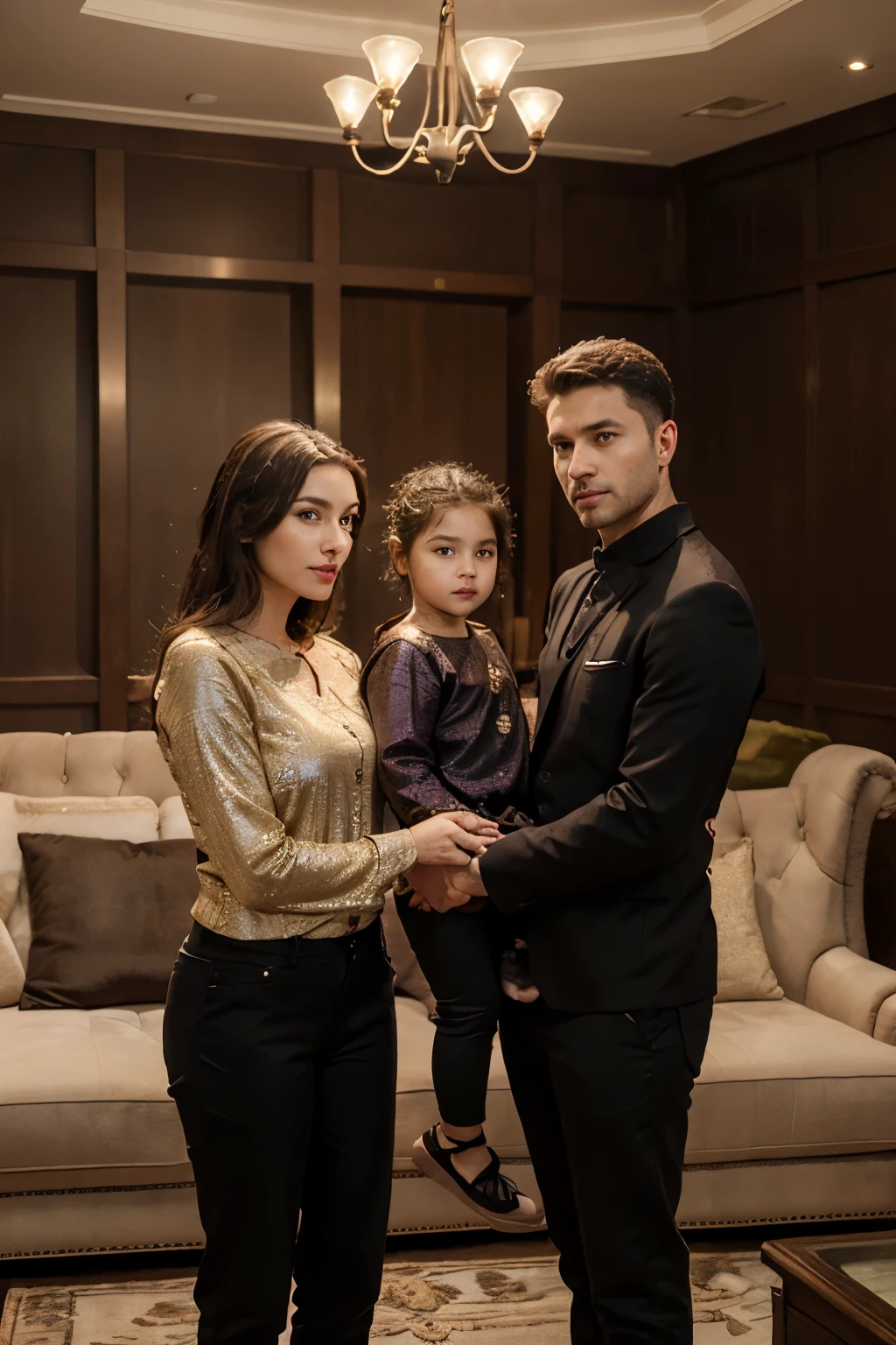 a realistic photo, a family consisting of 4 people, the father is 49 years old, the mother is 44 years old, the first is a boy , the second is a girl aged 15 yearsand daughter wear the hijab, the whole family wears colored batik clothes brown and black pants, styled in a photo studio, father and mother sitting on a luxurious sofa, children standing to the left and right, with a wall background decorated with a unique and luxurious profile, lighting from the left and right, shooting straight from the front, visible luxury, 8K, realistic, focused