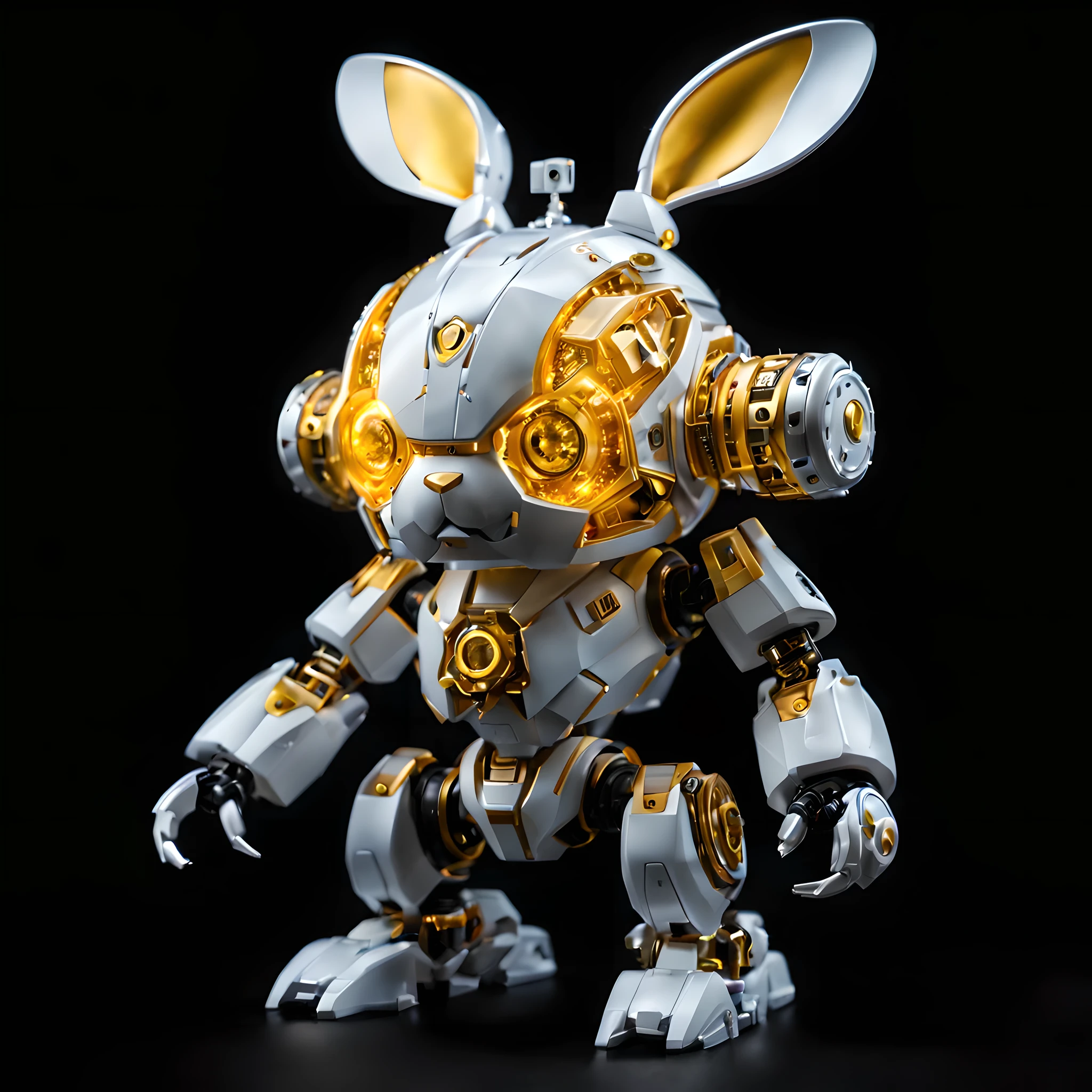 (Blind box toy style:1.2),full view, Pure black background, A big-headed rabbit mecha stands on the ground，Get into a fighting stance. Giant rabbit-headed Isis made of precision electronic components, gear, integrated circuit, electric wire.translucent face mask, glowing eyes, Mechanical ears. White and yellow color scheme, (Well-designed, high detail, masterpiece, best quality, ultra high definition, Sharpen details, metallic feel)