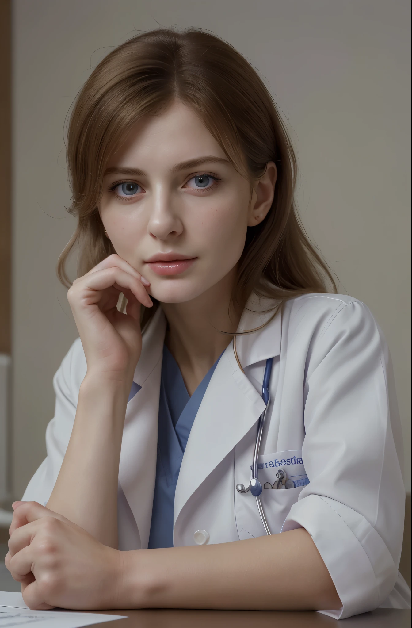 masterpiece, best quality, extremely detailed, hyperrealistic, photorealistic, a beautiful french doctor, doctor uniform, one hand up, elbows on table, placing her hand on her cheek, hospital:1.1, ultra detailed face
