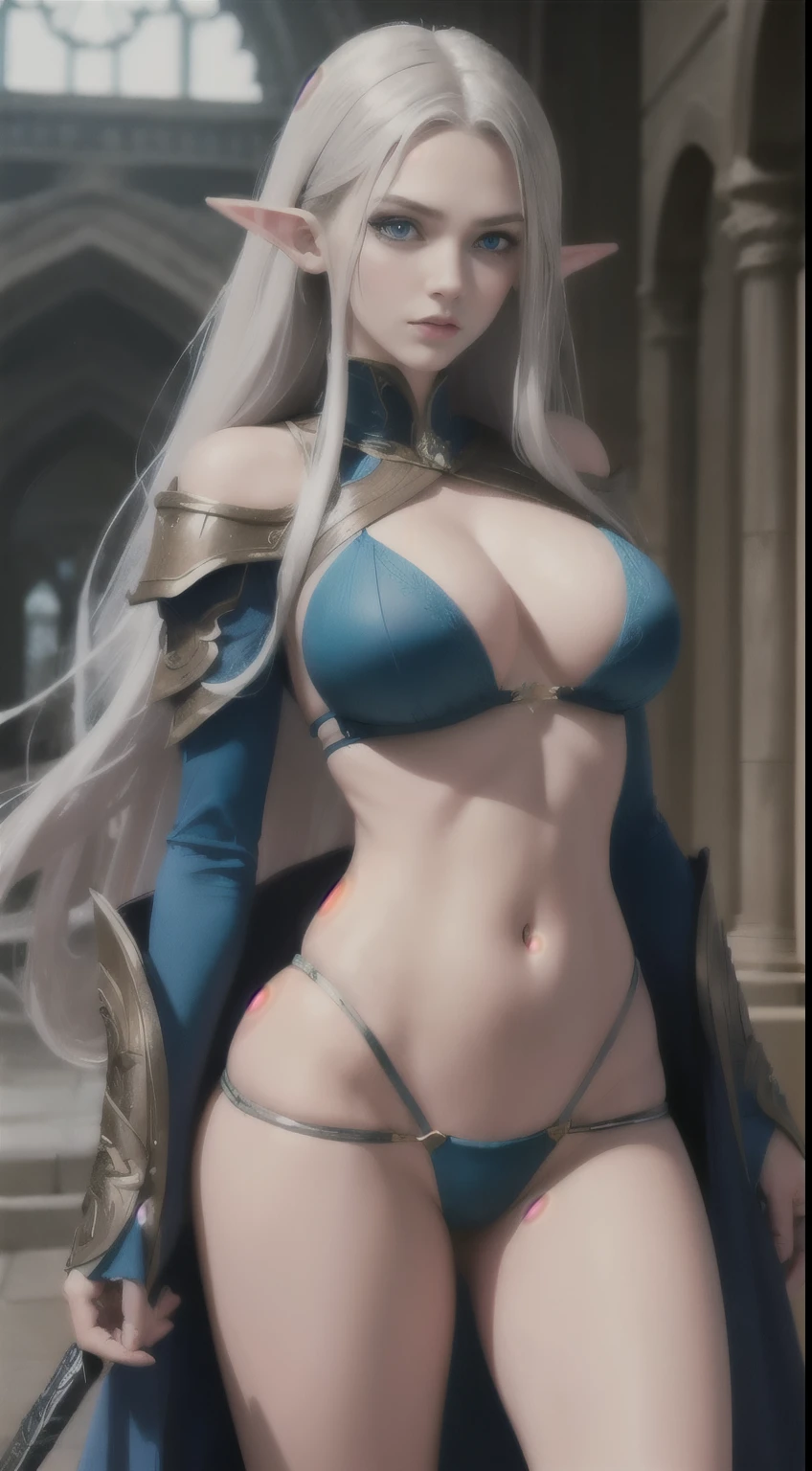 A female elf, dark elf, long silver hair, turquoise blue eyes, thin lips, round face, huge breasts, dark elf, warrior elf holding a sword, inside a huge hall, arrogant look