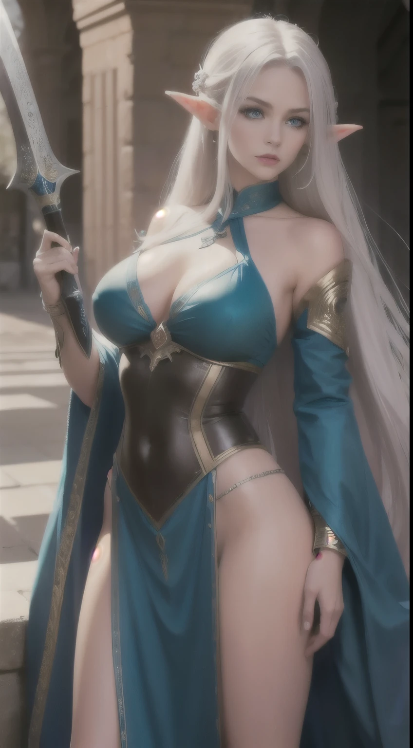 A female elf, dark elf, long silver hair, turquoise blue eyes, thin lips, round face, huge breasts, dark elf, warrior elf holding a sword, inside a huge hall, arrogant look