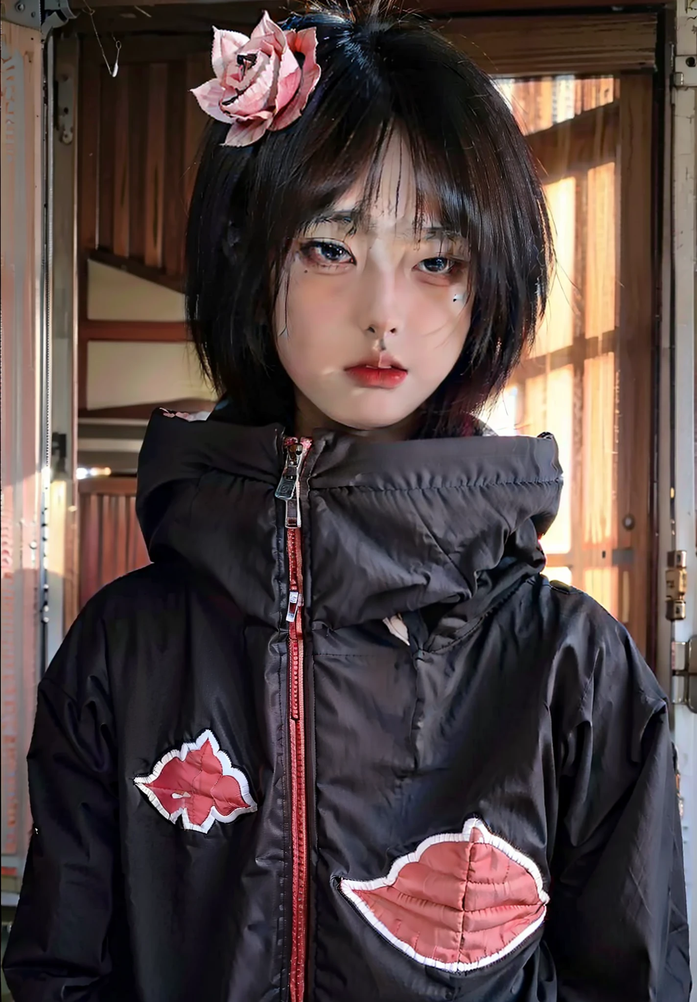 real Life adaption of this character,her name is konan from anime boruto ,hyper realistic ,detailed short purple hair with origami flower , high resolution, photorealistic,very detailed,realistic outfit Black robe with red zipper and has a red cloud with white outline design printed on it ,Japanese beautiful ,detailed shining orange eyes,