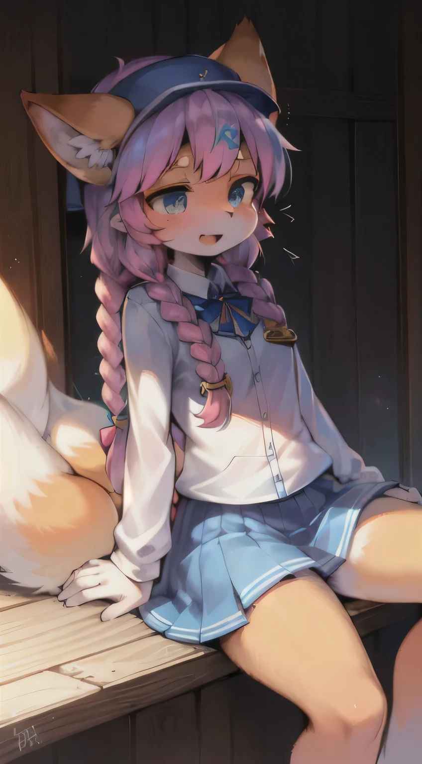 1girl, age, fox ears, straight-on, full body pose, locked eyes with the viewer, a few strands of hair falling between her eyes, adorned with a delicate hair ornament, multicolored hair braided into twin braids, a bushy fox tail swaying behind, (multiple tails: 1.3, wagging excitedly), wearing a badge displaying her favorite anime character, bangs framing her face, donning a blue baseball cap sitting low on her head, clothes bearing distinctive writing, dressed in crisp white clothes, standing tall with long sleeves concealing her arms, a closed mouth hinting at a secret, (blue skirt: