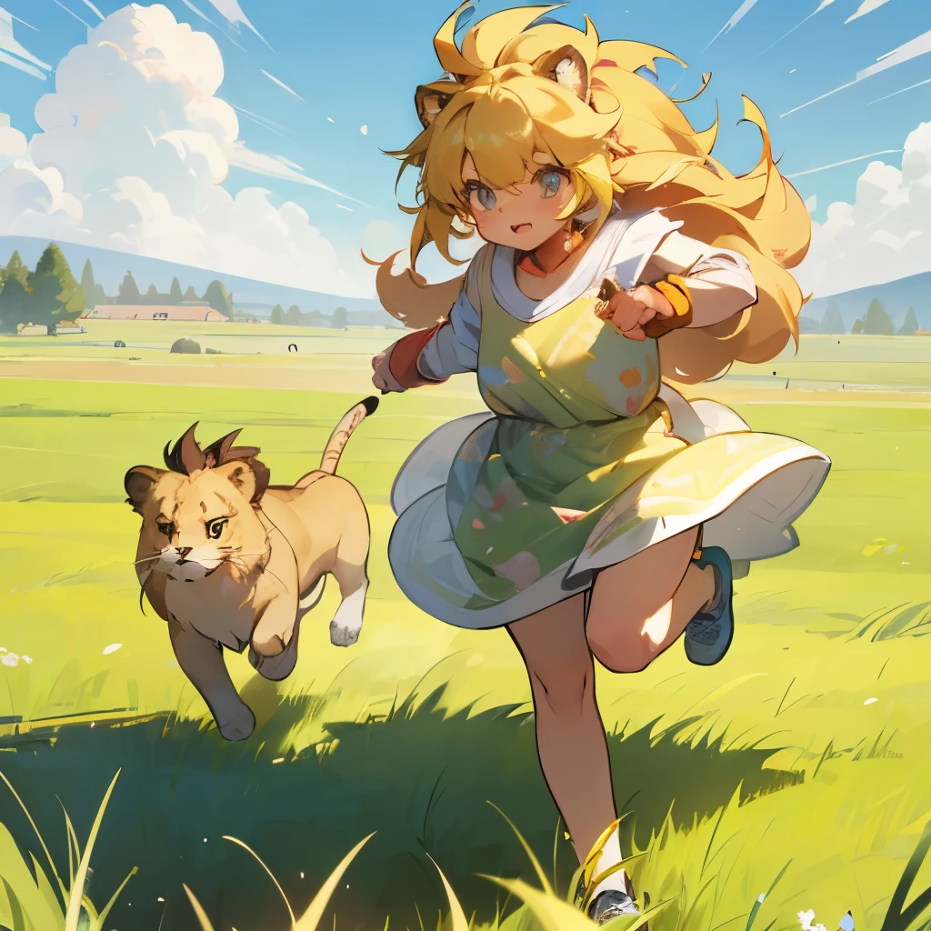 8K、Pastel colored lion style girl、cute lion、grassland、 lion style girl、jumping、Uplifting movement、Uplifting、vast grassland、pop lion girl、pastel color lion girl、anime style、Beautiful girl in pastel colors、Beautiful girl wearing camouflage clothes、running、running around grassland