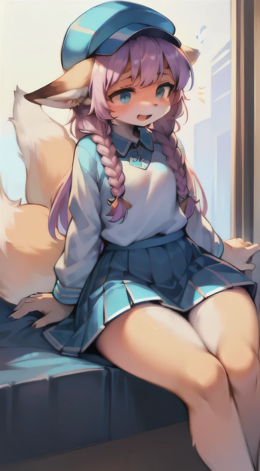 1girl, age, fox ears, straight-on, full body pose, locked eyes with the viewer, a few strands of hair falling between her eyes, adorned with a delicate hair ornament, multicolored hair braided into twin braids, a bushy fox tail swaying behind, (multiple tails: 1.3, wagging excitedly), wearing a badge displaying her favorite anime character, bangs framing her face, donning a blue baseball cap sitting low on her head, clothes bearing distinctive writing, dressed in crisp white clothes, standing tall with long sleeves concealing her arms, a closed mouth hinting at a secret, (blue skirt: