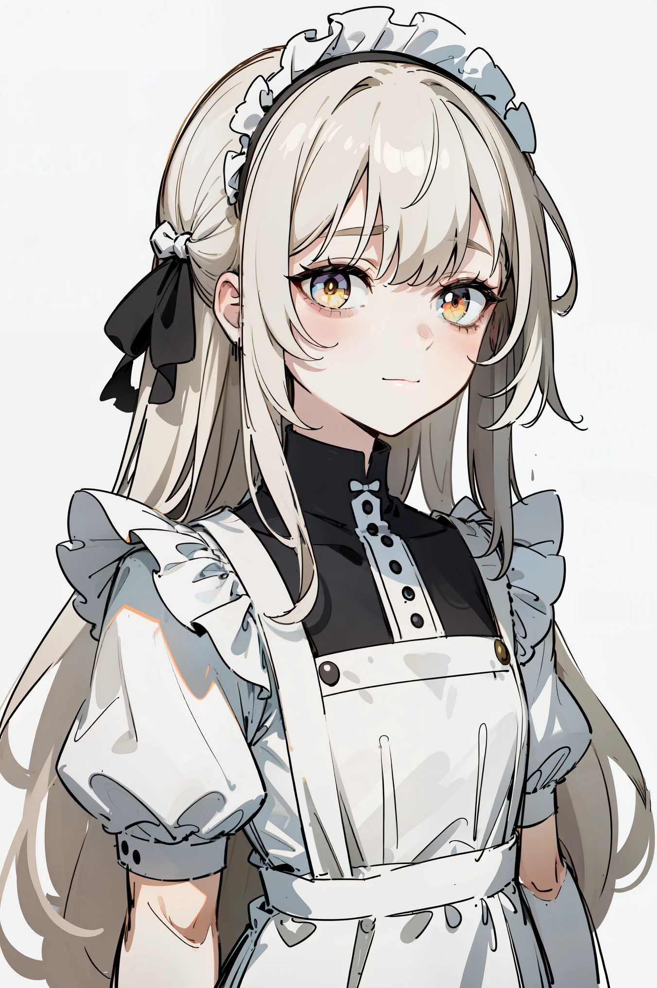(masterpiece, best quality, ultra high quality, by quan, sketch:1.1), ((portrait)), 1girl, solo, human girl, young with long hair, very long hair, gray white hair, straight hair, blunt bangs, hair between eyes, ((golden eyes, white pupils)), bags under eyes, small breasts, flat chest, neutral, innexpressive, small smile, v-shape smile, :>, wearing a victorian white dress, maid, maid dress, white apron, long dress skirt, leggings, black pantyhose, upper body, standing, hands behind back, isometric lightning, white background, simple background