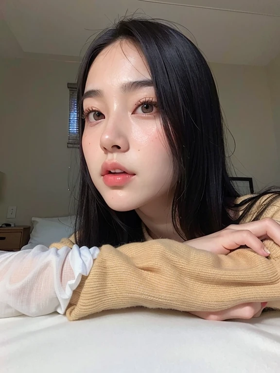 there is a woman that is laying on a bed with her arm on the pillow, young adorable korean face, korean girl, ulzzang, gorgeous young korean woman, beautiful south korean woman, jaeyeon nam, beautiful young korean woman, young cute wan asian face, beautiful aesthetic face, a young asian woman, with cute - fine - face, heonhwa choe