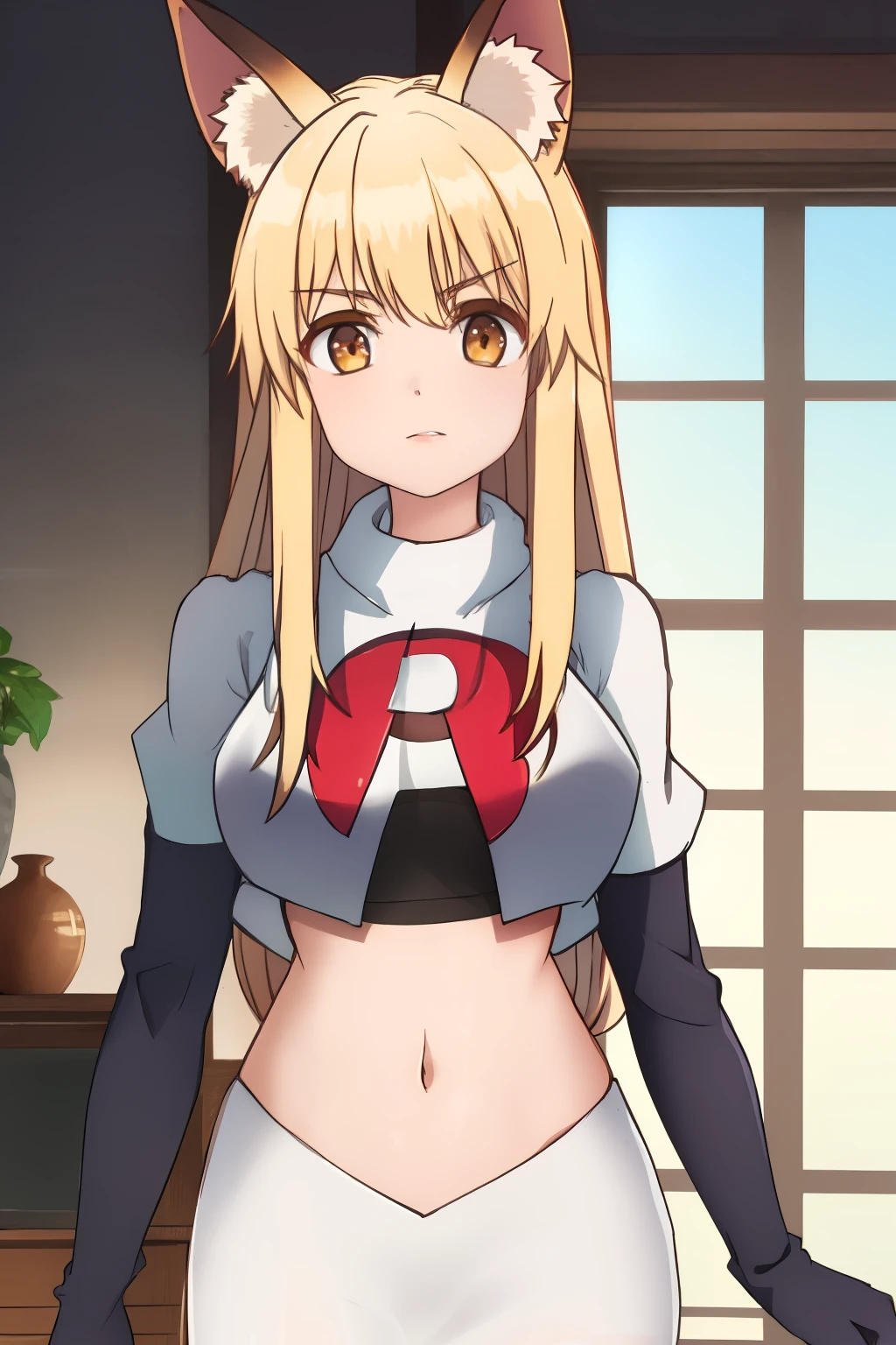 nina, 1girl, solo, long_hair, looking_at_viewer, bangs, blonde_hair, animal_ears, brown_eyes, yellow_eyes, animal_ear_fluff, fox_ears, sleeveless_kimono, team rocket,team rocket uniform, red letter R, white skirt,white crop top,black thigh-highs ,black elbow gloves