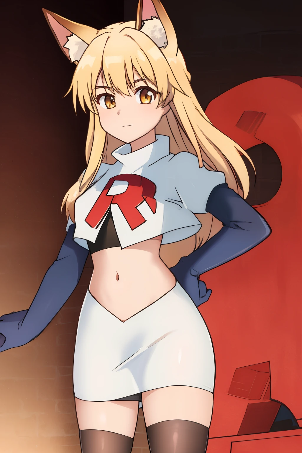 nina, 1girl, solo, long_hair, looking_at_viewer, bangs, blonde_hair, animal_ears, brown_eyes, yellow_eyes, animal_ear_fluff, fox_ears, sleeveless_kimono, team rocket,team rocket uniform, red letter R, white skirt,white crop top,black thigh-highs ,black elbow gloves