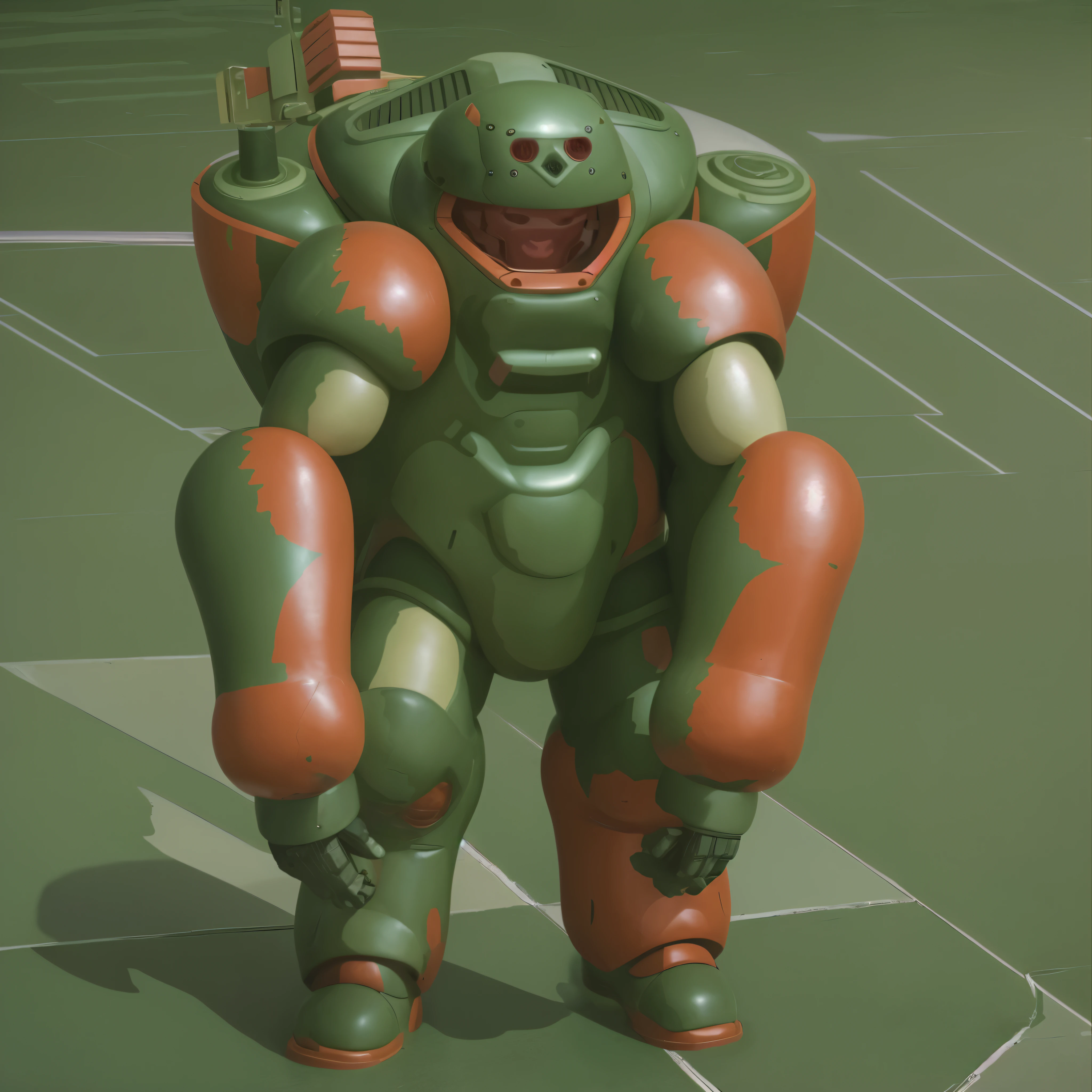 有一个Cartoon，The painting is of a giant standing on a tile floor, Otomo Katsuhiro, artist Otomo Katsuhiro, Reiji Matsumoto, Anime large mecha, Mecha suit, full body Mecha suit, from Akira ( 1 9 8 8 ) style, Otomo Katsuhiro, Mecha body, Cartoon《Ghost in the Shell》middle，3D rendering effect，Realistic effect，Army green paint