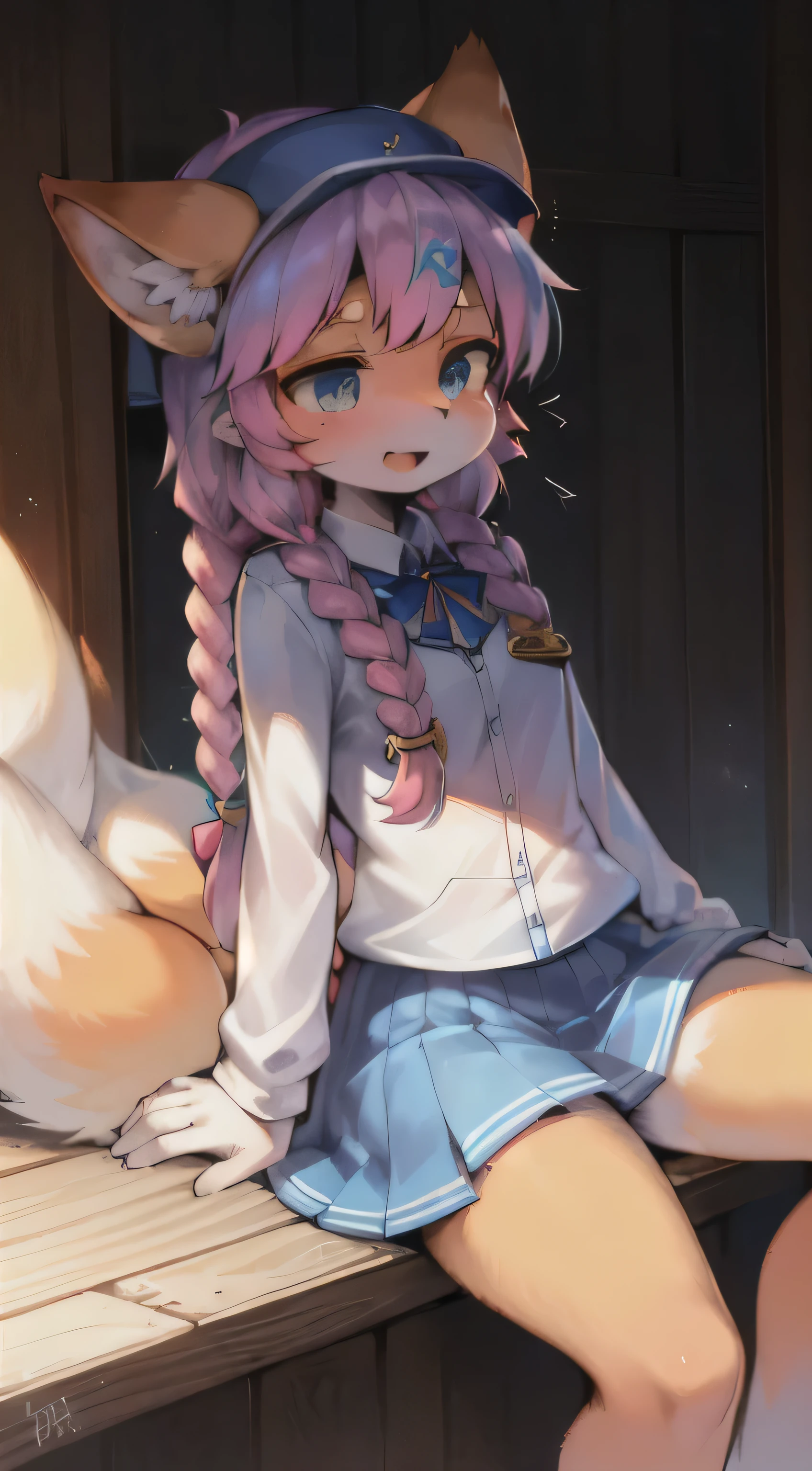 1girl, teenage, fox ears, straight-on, full body pose, locked eyes with the viewer, a few strands of hair falling between her eyes, adorned with a delicate hair ornament, multicolored hair braided into twin braids, a bushy fox tail swaying behind, (multiple tails: 1.3, wagging excitedly), wearing a badge displaying her favorite anime character, bangs framing her face, donning a blue baseball cap sitting low on her head, clothes bearing distinctive writing, dressed in crisp white clothes, standing tall with long sleeves concealing her arms, a closed mouth hinting at a secret, (blue skirt: