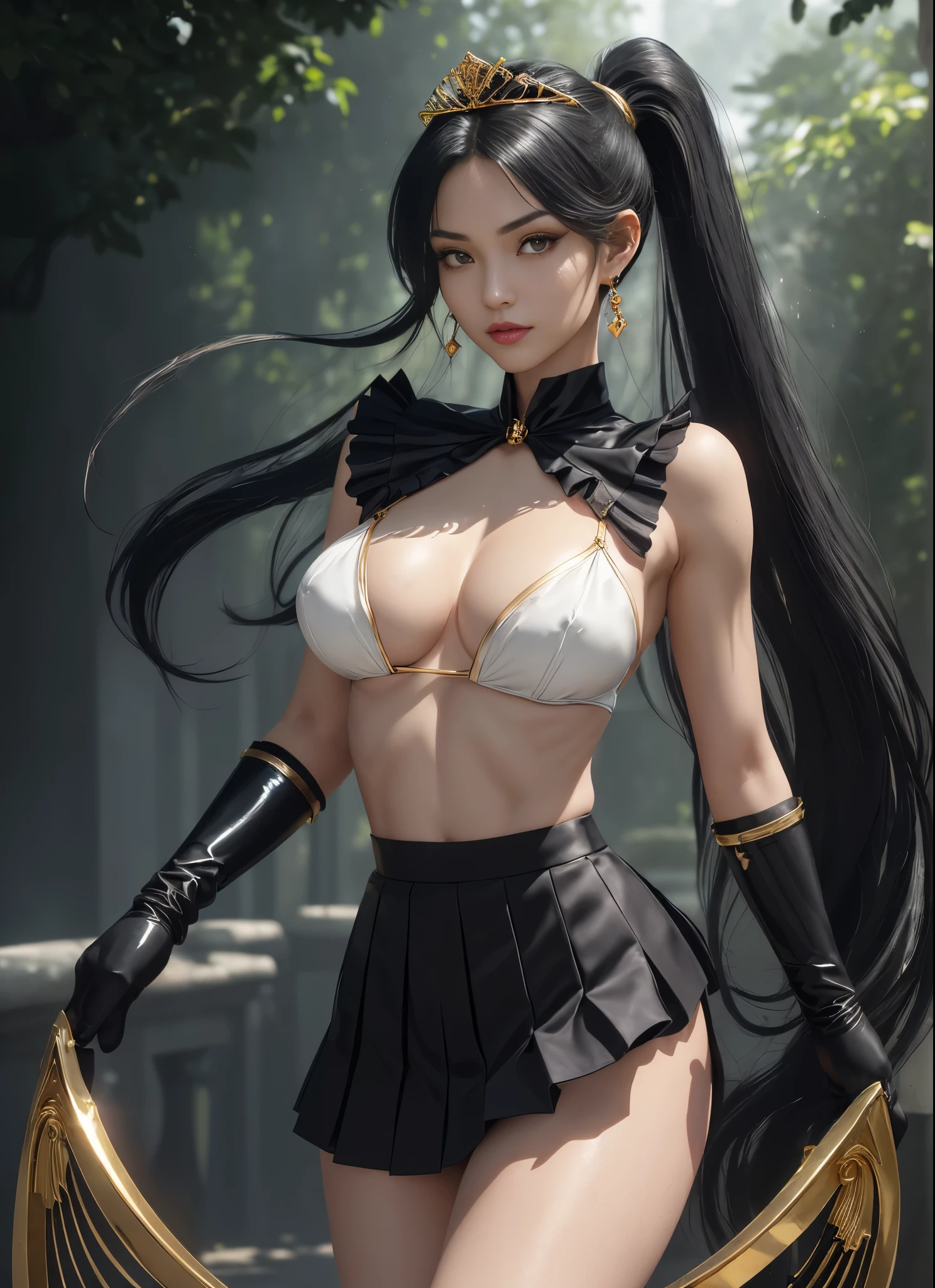 masterpiece、3D、realistic、super micro photography、Detailed and highest quality、Super detailed CG Unity 8k wallpaper、full:1.3、stand、from below、showing white panties、intricate details、(1 female,housewife)、、dynamic english、((A gorgeous golden tiara on the forehead:1.4、Metallic black pleated mini skirt:1.2、pregate mini skirt:1.3、Huge red bow on the chest:1.2、black gloves on elbows:1.1、black big collar、black sailor collar、Red brooch))、(red eyes,SetsunaMeiou
hair_good,
Meisha Onfu)、(Sailor Pluto Single Hairpan
Tiara sailor warrior uniform Skirt Gloves),((single ponytail)),luxury gold decoration, incredibly long dark green hair:1.2、Shiny beautifull straight long dark green hair,:1.2、Sailor Pluto uniform, (sailor warrior uniform、bare upper arm:1.2、No sleeve,Long white latex gloves with luxurious gold decoration:1.3、very large pink ribbon on the back of the waist,:1.1、green choker、 The cleavage is sexy and boldly large、gold ring earrings,Shiny black long knee-high boots with luxurious gold embellishments)、(Extremely thin and fitted high gloss white holographic leather:1.3,Bold sexy slender white high leg gravette swimsuit)、staff, holding_staff, Key chain accessories at waist,((combat readiness))、has a huge key wand,
((black skin:1.2,enchanting smile、very pretty face、facial details:1.5、bright red eyes、A beautifull face、beautidfull eyes、shining eyes、thin lips:1.3、thin and sharp pale eyebrows,、long and thick eyelashes、double eyelashes))、gorgeous giant white wing muscles:1.2、 muscular abs:1.2、small face、huge breasts、高身長でグラマラスな完璧なProfessionalポーション、big breasts thin waist、big ass,sexy model posing、visible pores、perfect hands:1.5、octane rendering、very dramatic picture、strong natural light、sunlight、exquisite light and shadow、dslr harp、concentrated:1.0、maximum clarity and sharpness、(dynamic lightning background:1.3、divinity of the underworld,divinity of space and time,Lightning space background, Pluto、moon明かり、moon、moving background、detailed background)One girl that will take your breath away, (sailor warrior uniform), . award-winning, Professional, very detailed