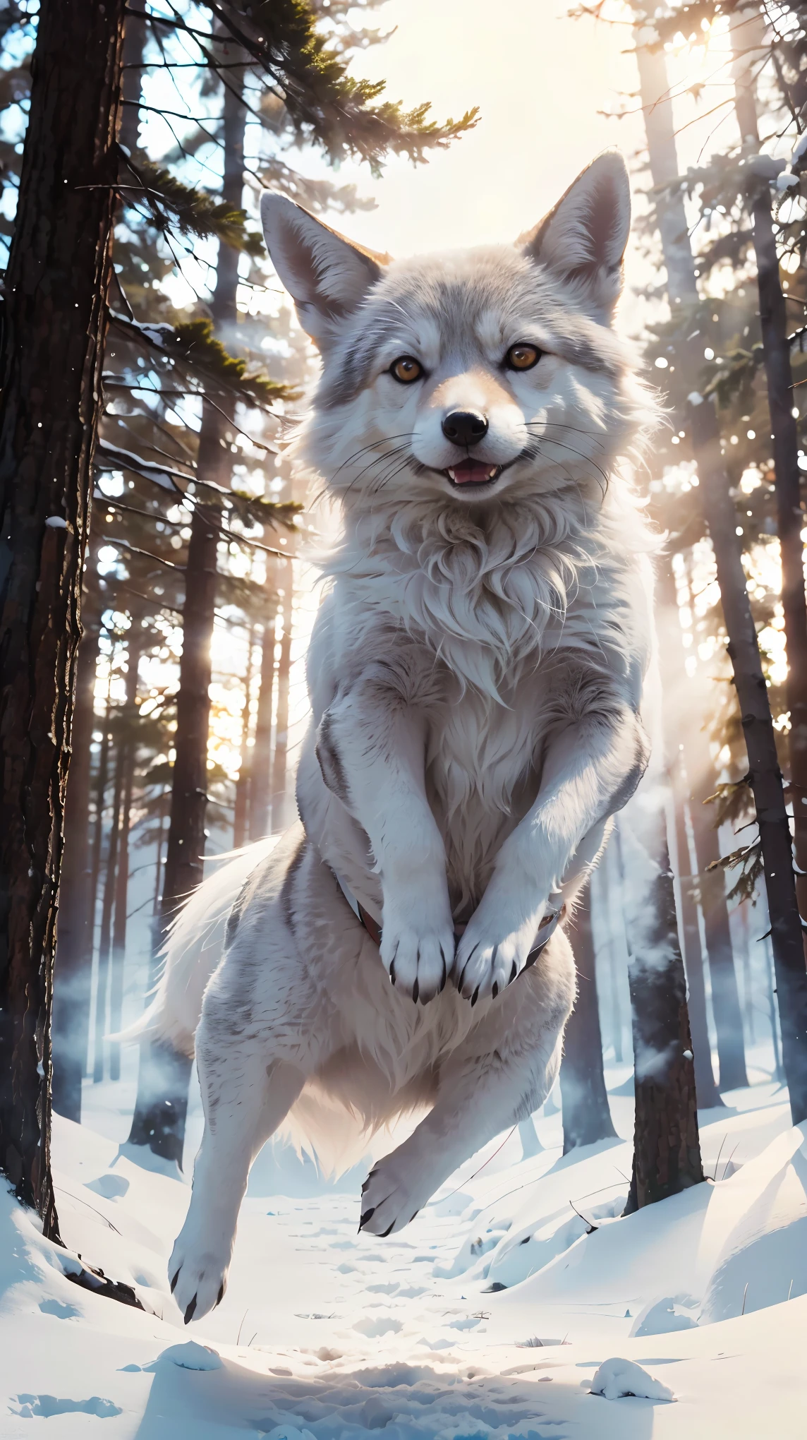 (highest quality, High resolution, masterpiece: 1.2), Super detailed, real sharp focus, Physically based rendering, very detailed explanation, professional, Portrait, white fox, Jump Dynamic, original photo, Bright colors, Ethereal light, forest background, primordial snow, mysterious atmosphere, freezing breath, soft fur, colorful eyes, furry tail, graceful movements, winter beauty, ((Nikon, 600㎜, f/5.6, very detailed, photo shoot)),