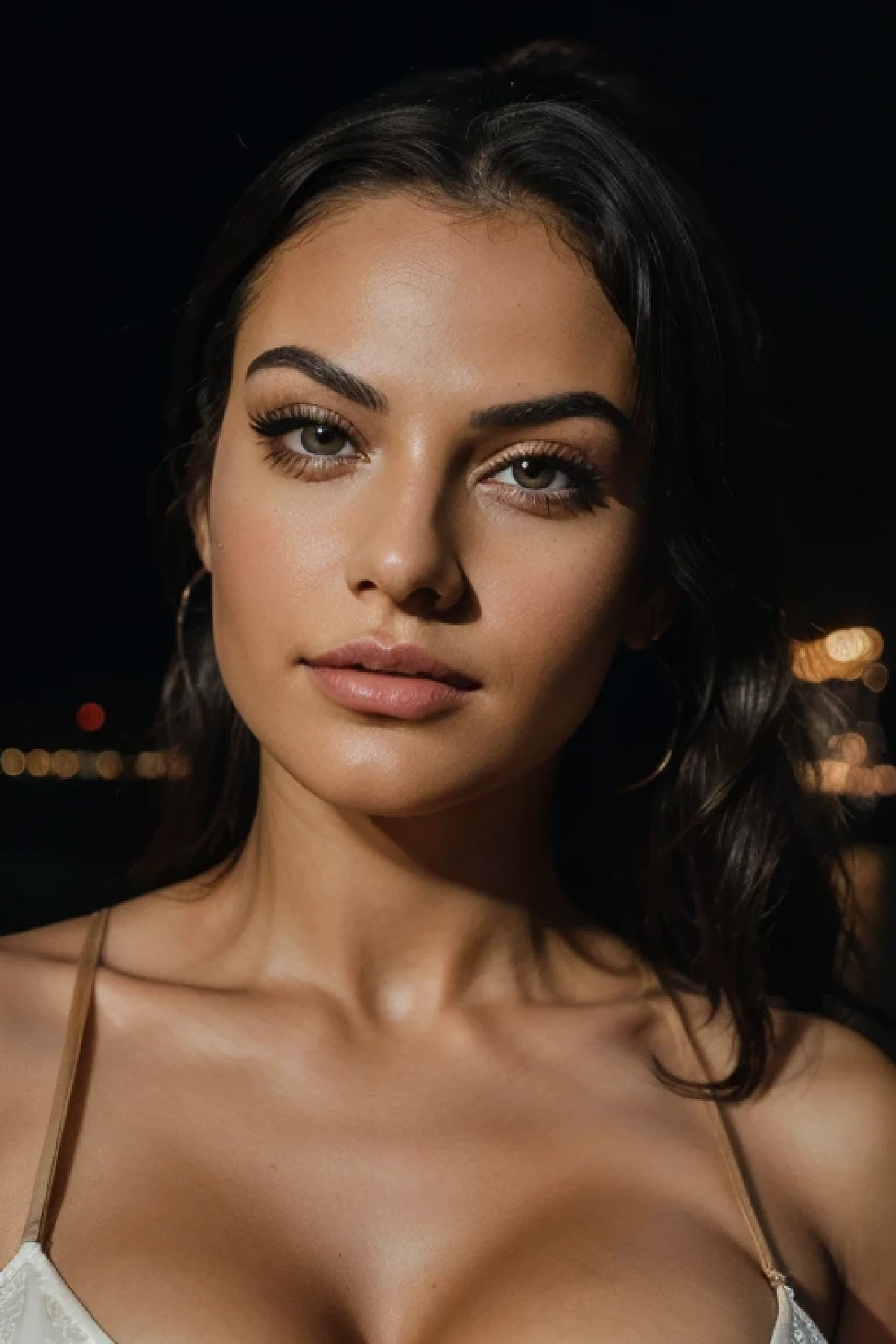 Absurd resolution, high resolution, (masterpiece: 1.4), hyper-detail, hyper-realistic, beautiful araffed woman in sexy clothes, angry, happy, night, light portrait, Instagram model, cleavage, beautiful latin face, beautiful body and face, beautiful woman, beautiful and detailed body and face, beautiful face and figure, natural makeup, photorealistic, RAW, skin texture, film grain, best shadow, 55mm, ultra HD, film grain, snapchat photo