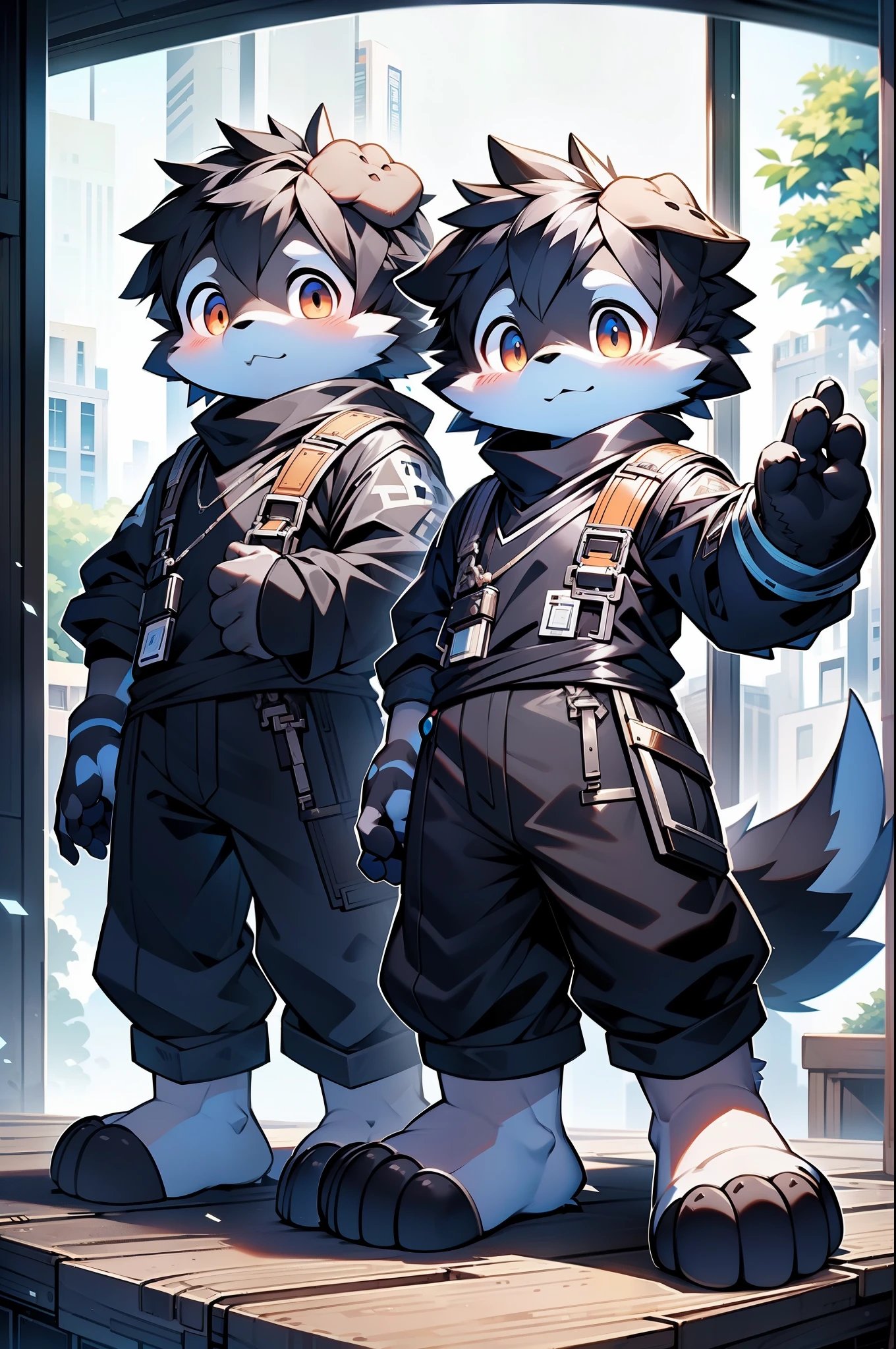 hairy Bernese mountain dog, forelimb, leg, Shota boy standing, Overall whiteheads, arms, 身体和leg,Allover blue and black pattern,Pink pads, Eyes and pupils are blue, hairy, no clothes, Two ear-artificial nano-skins