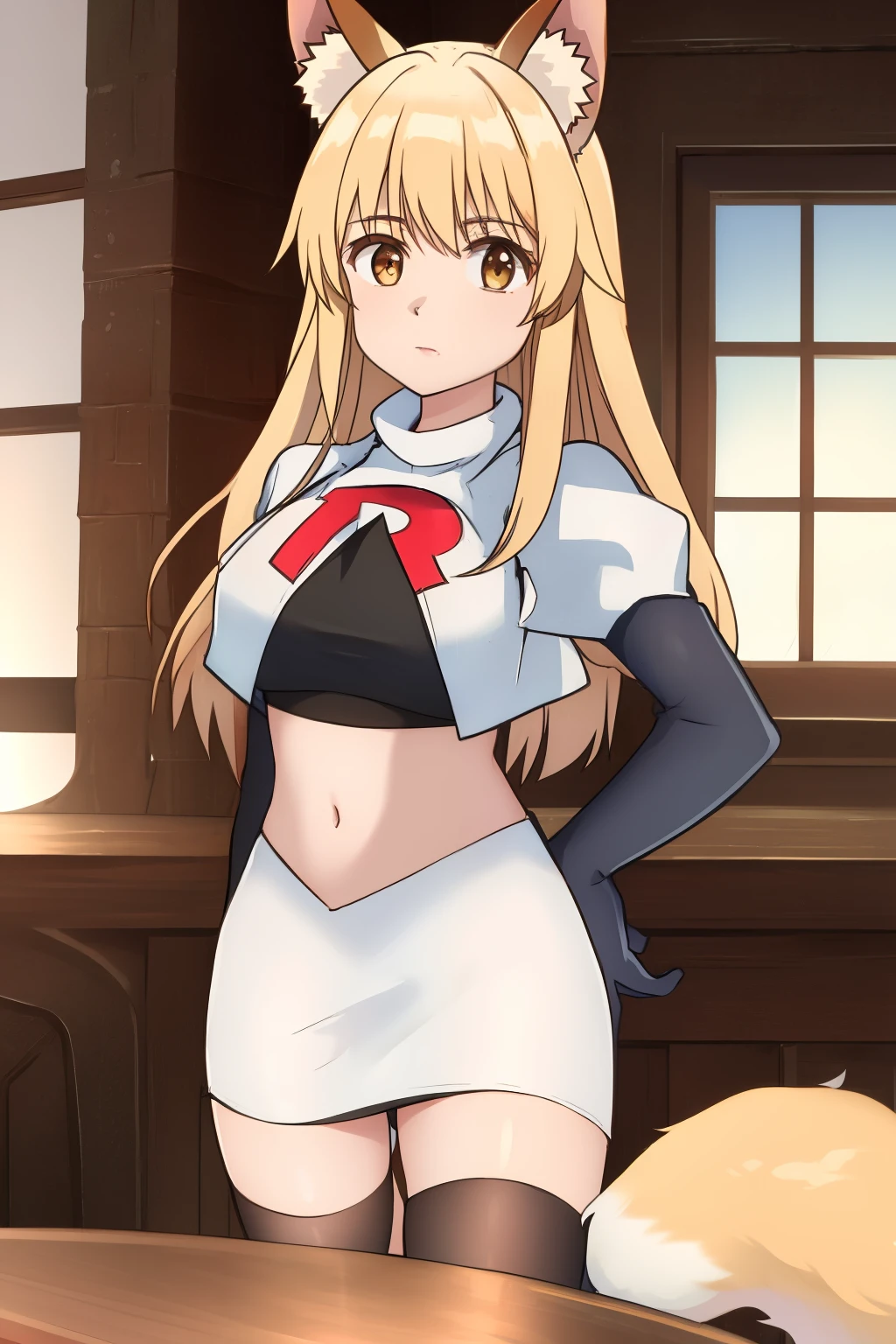 nina, 1girl, solo, long_hair, looking_at_viewer, bangs, blonde_hair, animal_ears, brown_eyes, yellow_eyes, animal_ear_fluff, fox_ears, sleeveless_kimono, team rocket,team rocket uniform, red letter R, white skirt,white crop top,black thigh-highs ,black elbow gloves