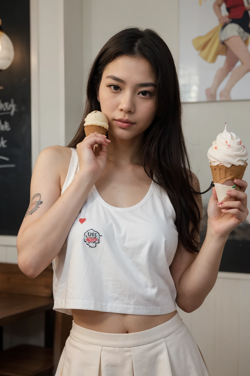 ((best quality)), ((Masterpiece)), (details), Perfect face Asian woman Wear a small tank top Has a small tattoo in the skin, wears a short skirt Put the canvas backing in the bag. In the ice cream shop One hand holds an ice cream cone. There are 3 ice creams in it.