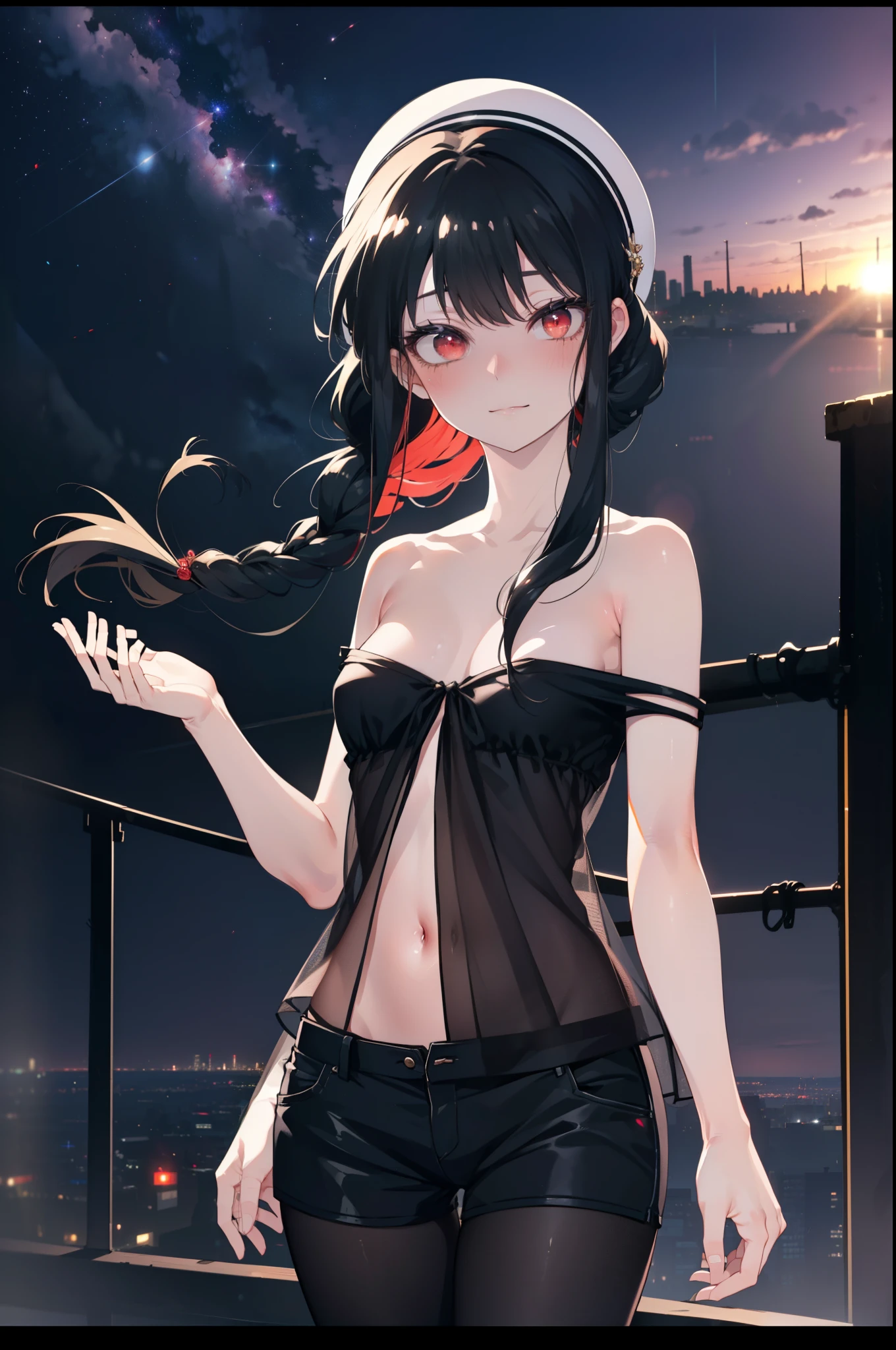 Yorubria Ratata, you missed the thorns, bangs, long hair,short braided hair , smile,blush,(red eyes:1.5), black hair,beautiful night sky、(panoramic view:1.5)
break 赤オフショルダーセーター, bare shoulders, bare clavicle, naked neck,shorts,black pantyhose,
break outdoors,ベランダ
break looking at viewer, (cowboy shot:1.5),
break (masterpiece:1.2), highest quality, High resolution, unity 8k wallpaper, (figure:0.8), (detailed and beautiful eyes:1.6), highly detailed face, perfect lighting, Very detailed CG, (perfect hands, perfect anatomy),