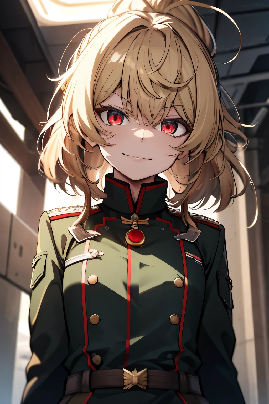 (masterpiece, best quality: 1.1), 1girl solo, tanya, 1girl, solo, , flat chest, small breasts, curvy, military, military uniform, ,, evil smile, wicked expression, anger, red eyes, neutral lighting