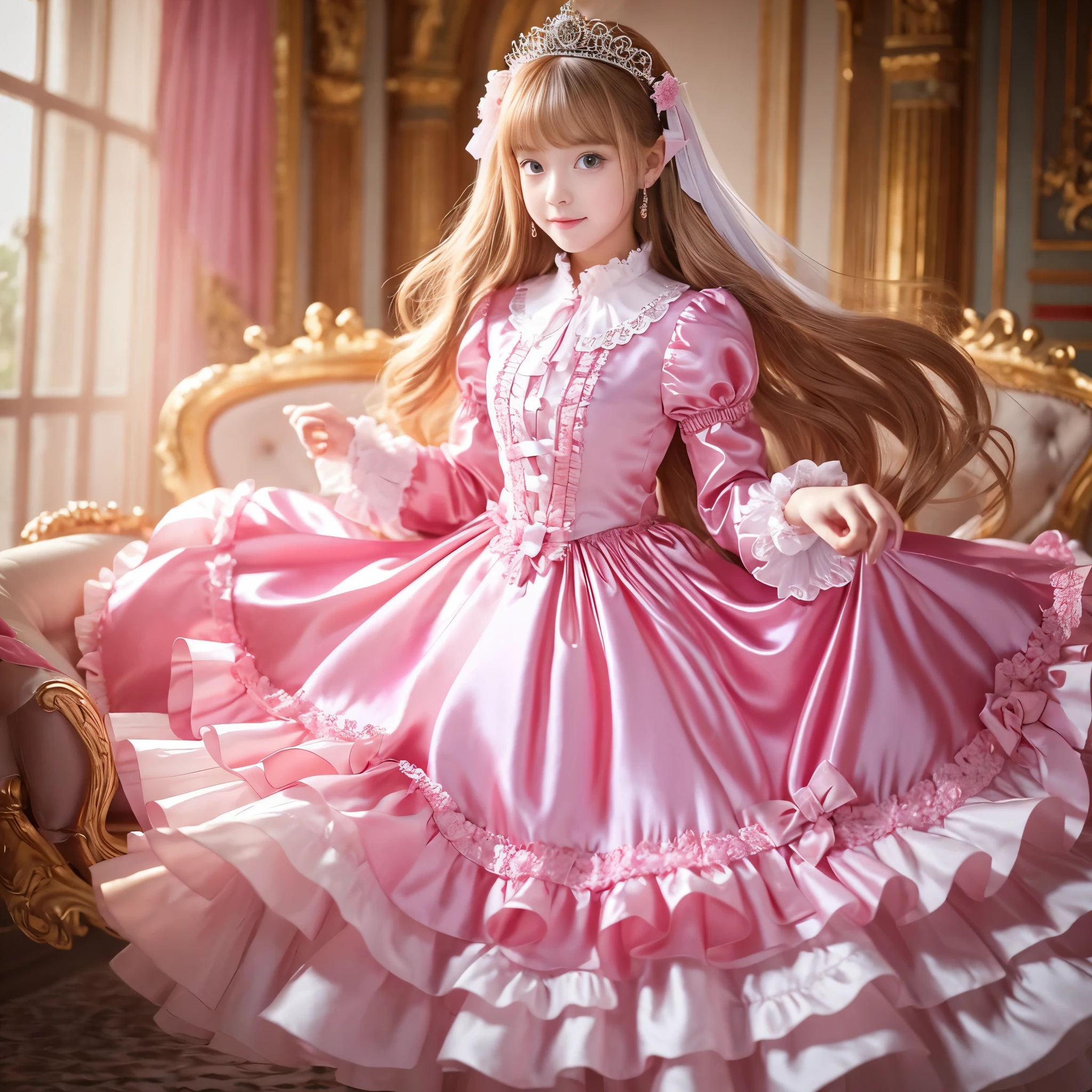 ,highest quality, masterpiece, highest resolution, artwork, super それにget used to it, many get used to it, get used to it, それにget used to it, 3K realistic photos,,((10 year old little girls)),Super detailed baby face,both are princesses,Full length ball gown dress with hoop skirt,ruffle yoke collar,Detailed braided ribbon at chest,puff sleeves,long sleeve,((Lolita style hot pink detailed princess satin dress、Comes with lots of frills and ribbons。)),crazy'colorful fashion,shiny silk satin dress,soft and smooth silk satin fabric,luxury,super long blonde hair,Super long hair that grows to your height,blue eyes,white skin european,pajamas,((Inside a luxurious and romantic castle)),Princess dancing happily,gorgeous flowing dress,Fluttery and delicate dress,Super long flowing hair,fine white frills and lace,dancing happily in a large room,