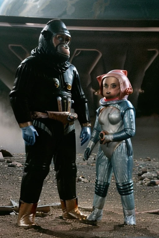 (((Old science fiction TV series))), Fotografia de plano conjunto, Large outdoor DAYTIME ENVIRONMENT Mountainous scenery of an alien planet, Extremamente realista, Scene from an old science fiction TV series from the 1950s, (((action scene))), (((Menacing Extraterrestrial Gorilla Threatening Girl Wearing Sexy Spacesuits)) , rochas no fundo da cena, planets and stars in the sky, Science Fiction TV series with monsters, bela jovem atriz sensual, (((anos de 1950))), Ancient aesthetics, Estilo Forbidden Planet , Imagem de aspecto antigo, Retro Style, Old matinee movie style, ((((vast scenery)))), {TV series image} , ((((Imagem antiga)))), ((((Pigmento da imagem envelhecido))))