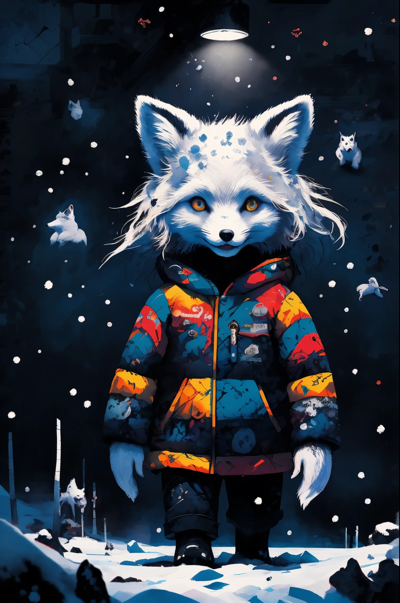 fox, masterpiece, {{{best quality}}}, {{ultra-detailed}}, {illustration}, cinematic angle, {detailed light},cinematic lighting. arctic fox, snow, walking snowy, depth , delight, cute