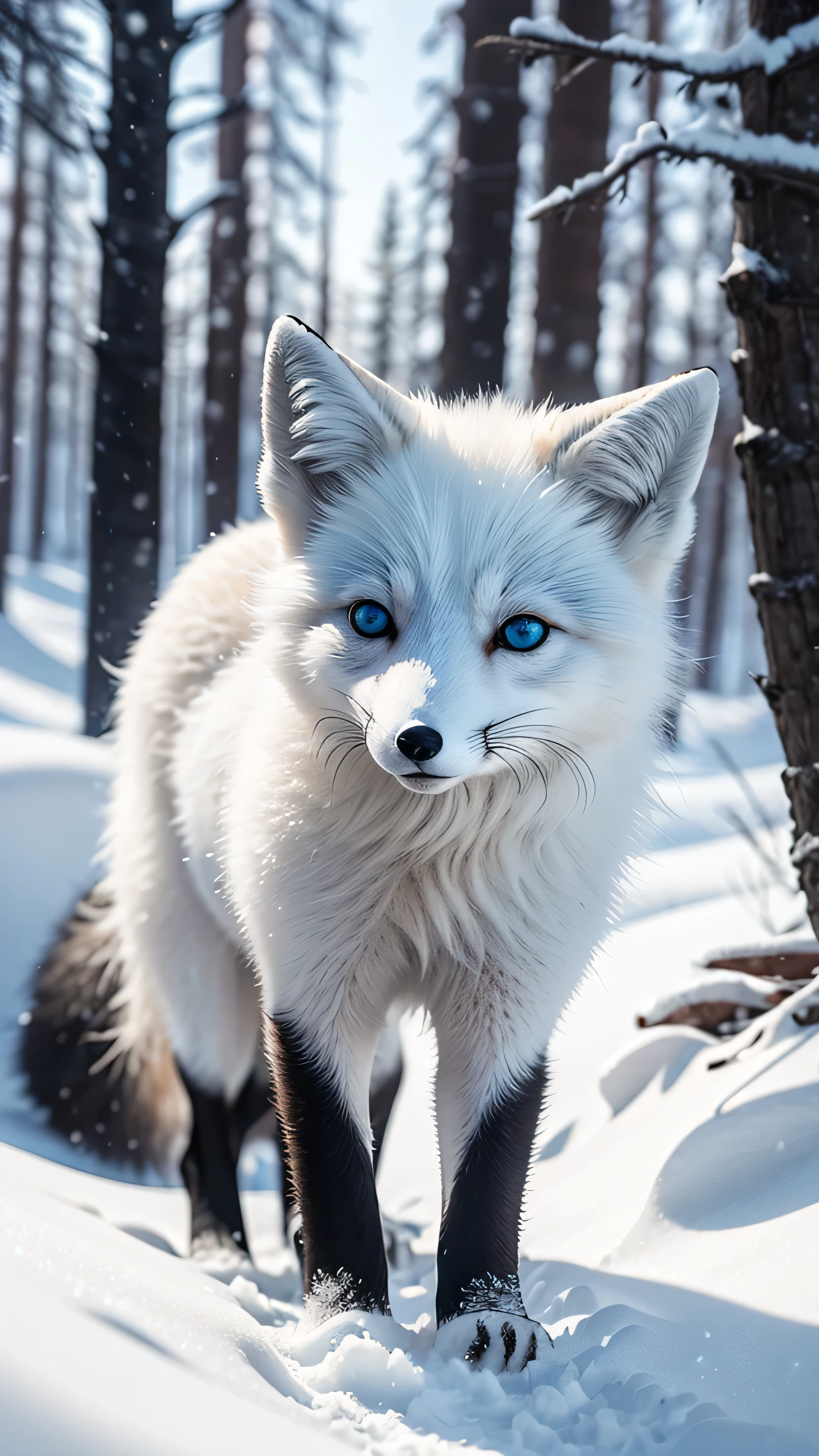 arctic fox, ice blue eyes, snow, snowing, winter forest