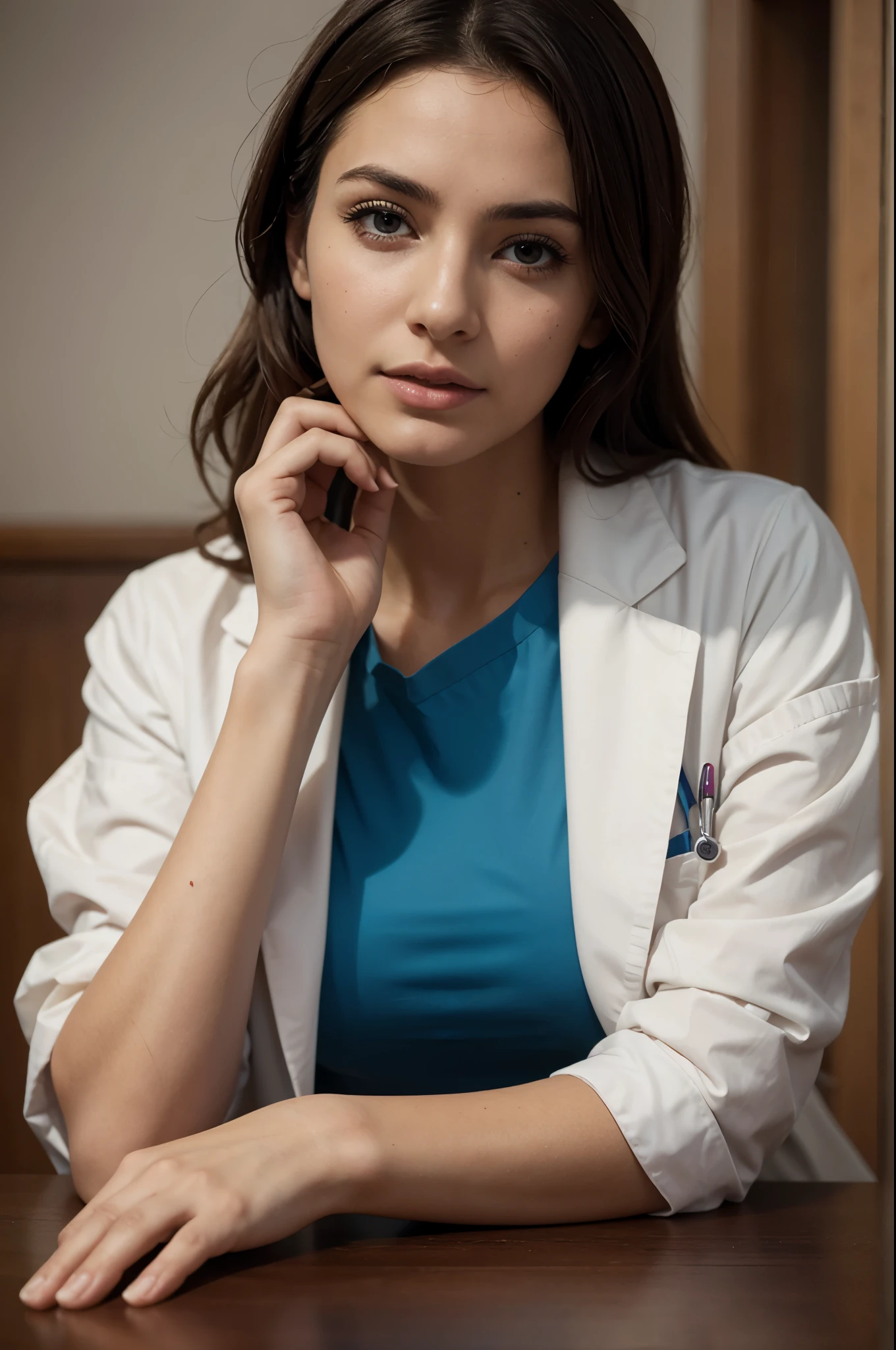 masterpiece, best quality, extremely detailed, hyperrealistic, photorealistic, a beautiful french doctor, doctor uniform, one hand up, elbows on table, placing her hand on her cheek, hospital:1.1, ultra detailed face
