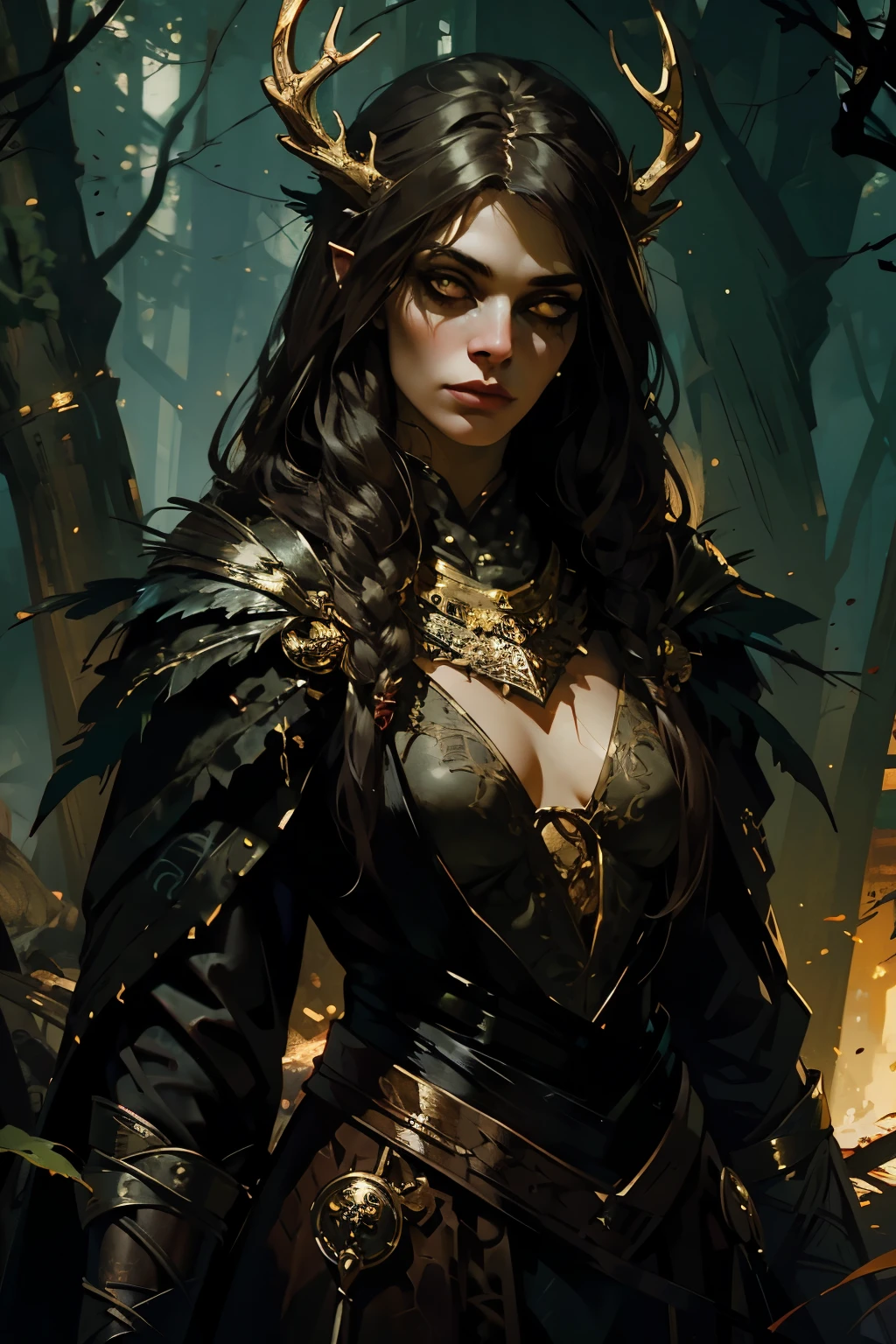 Dark Fantasy, Gloomy forest, Attractive young girl, The Forest Witch, golden eyes, Black Eye Makeup, black tattoos on the face, branches in the hair that look like deer antlers, feathers in hair, dark shabby clothes, Celtic patterns on the body, Arrogant expression