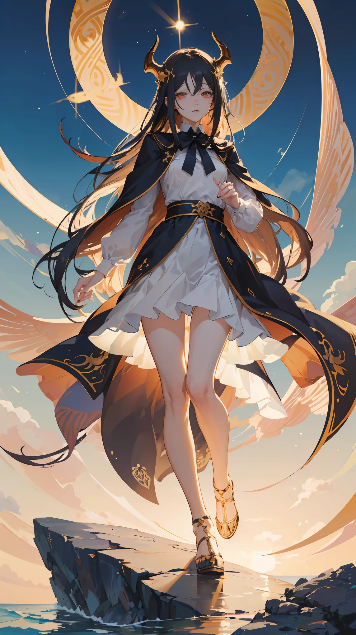 Ancient Star goddess, Perfect female anatomy (Adult Female, 166cm in height, pale skin, slim, slender, 34D breast size, Dark Orange Eyes with beautiful details, Long Straight Black Hair, Beauty Mark Mole on right cheek bone, a set of black horns on her head), Neutral facial expression, Elegant white dress with black bow tie, blue coat knee length, dragon motifs, gold and rope accessories, View of the open blue sky with only clouds, receiving light from the front, Ethereal glow