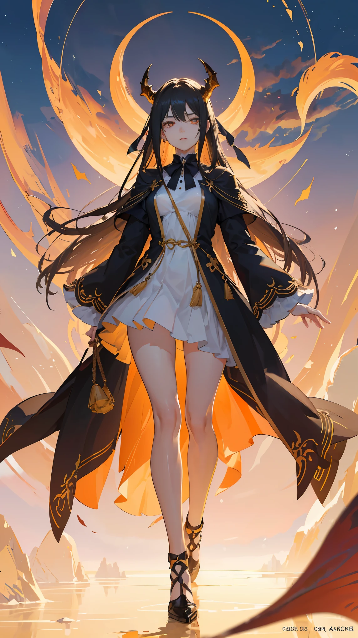 Ancient Star goddess, Perfect female anatomy (Adult Female, 166cm in height, pale skin, slim, slender, 34D breast size, Dark Orange Eyes with beautiful details, Long Straight Black Hair, Beauty Mark Mole on right cheek bone, a set of black horns on her head), Neutral facial expression, Elegant white dress with black bow tie, blue coat knee length, dragon motifs, gold and rope accessories, View of the open blue sky with only clouds, receiving light from the front, Ethereal glow
