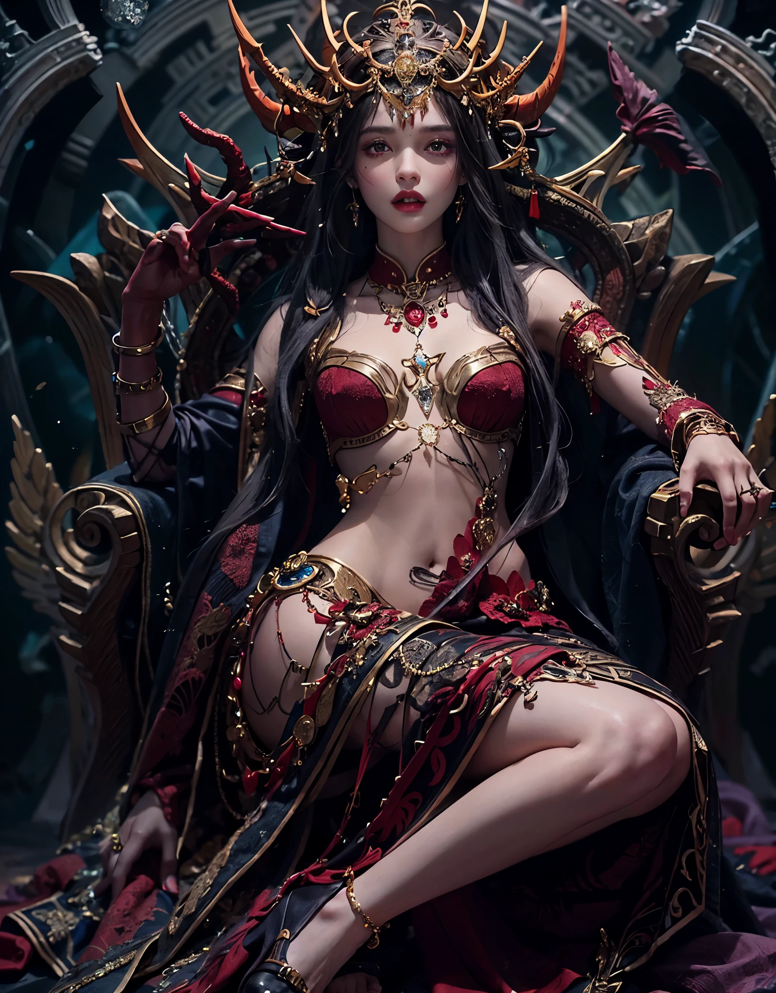 8k, RAW photo, best quality, masterpiece, realistic, photo-realistic, clear, professional lighting, beautiful face, best quality,ultra high res

female demon lord,eternal youth,25 years old,long hair,complex braids,decorations,deep red hair,jet black hair,vivid red eyes,golden eyes,eyeliner,dark lipstick,dark-toned dress,,magical gems,jewelry,crown,luxurious throne,dragon sculptures,magical symbols,sinister,exquisite decorations,crossing legs,resting cheek in hand,(full body:1.4) visible　A large throne decorated with ominous yet, luxurious and precise carvings,(A sexy draped dress with a loose-fitting belly button that shows a lot of skin,:1.5)A very fine devil's horn with a very complicated structure grows from its head, and very large and ominous devil wings grow from its back.