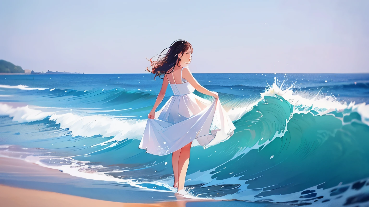 girl，wearing white dress，Walk by the sea，waves splash