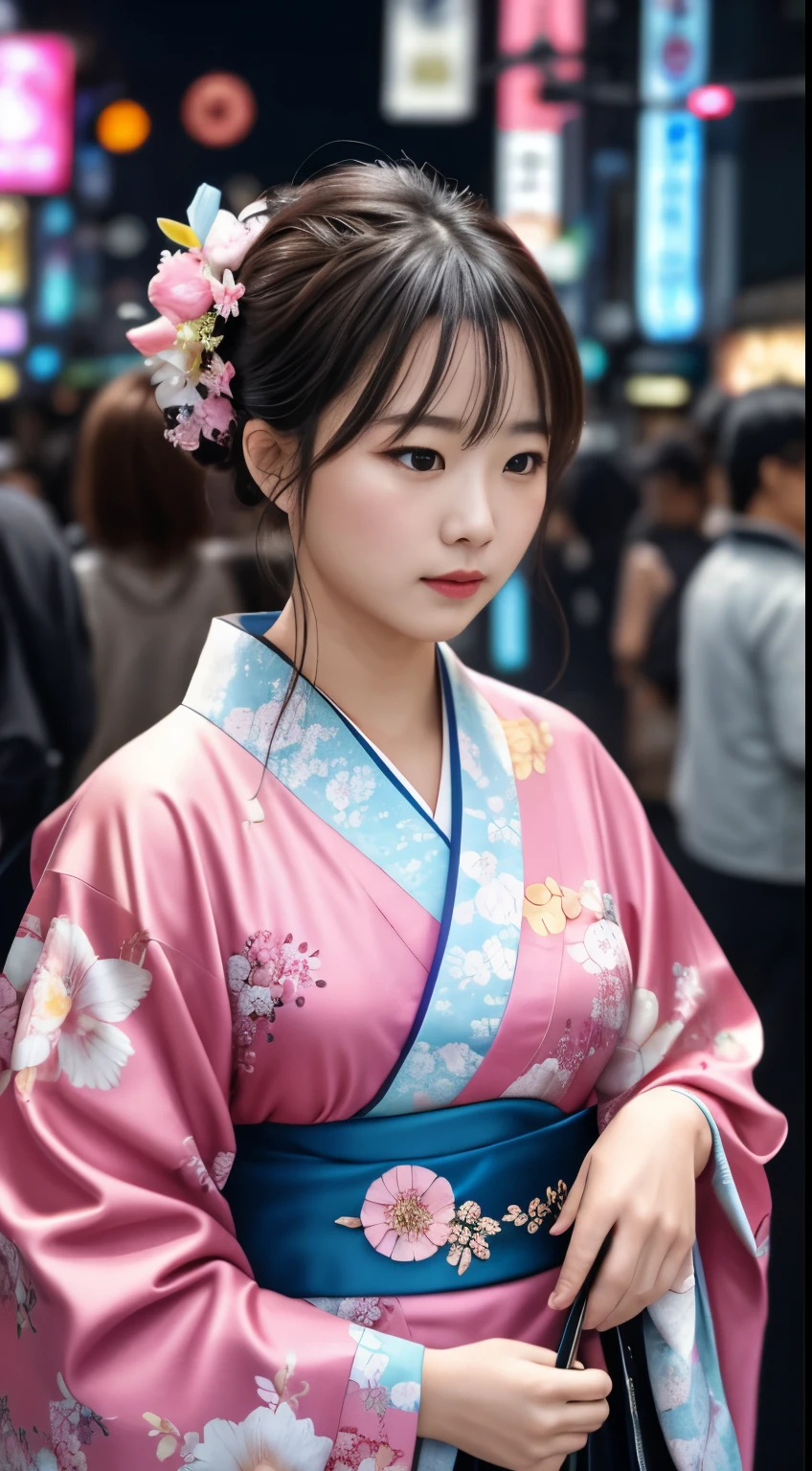 In this exquisite masterpiece, a solitary figure adorned in a pink floral kimono with a blue band captivates the viewer's attention. The image is taken outdoors, with the lively area of Dotonbori serving as the enchanting backdrop. Every detail of her facial features is delicately rendered, from the subtle curves of her cheeks to the intricate lines around her eyes. Her chestnut hair, cascading down her shoulders, adds to the allure of the scene. The highest image quality and high definition CG Unity 8k wallpaper showcase every detail with stunning clarity, allowing the viewer to fully appreciate the artistry of the image.