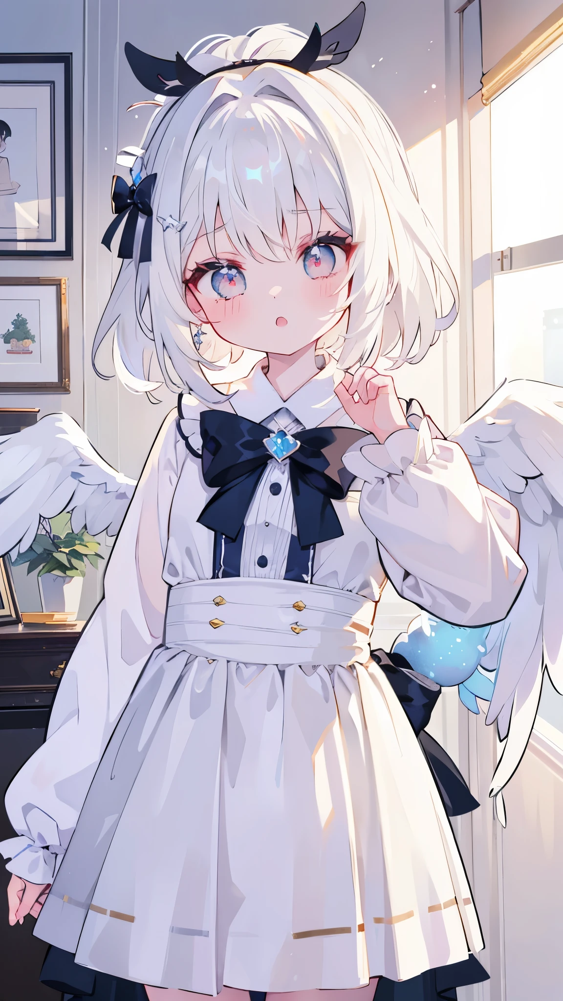 a girl、white hair、medium hair、double tail、Small double ponytail、angel wings hair accessories、Masterpiece、top quality、Top image quality、cute little、idol costume、