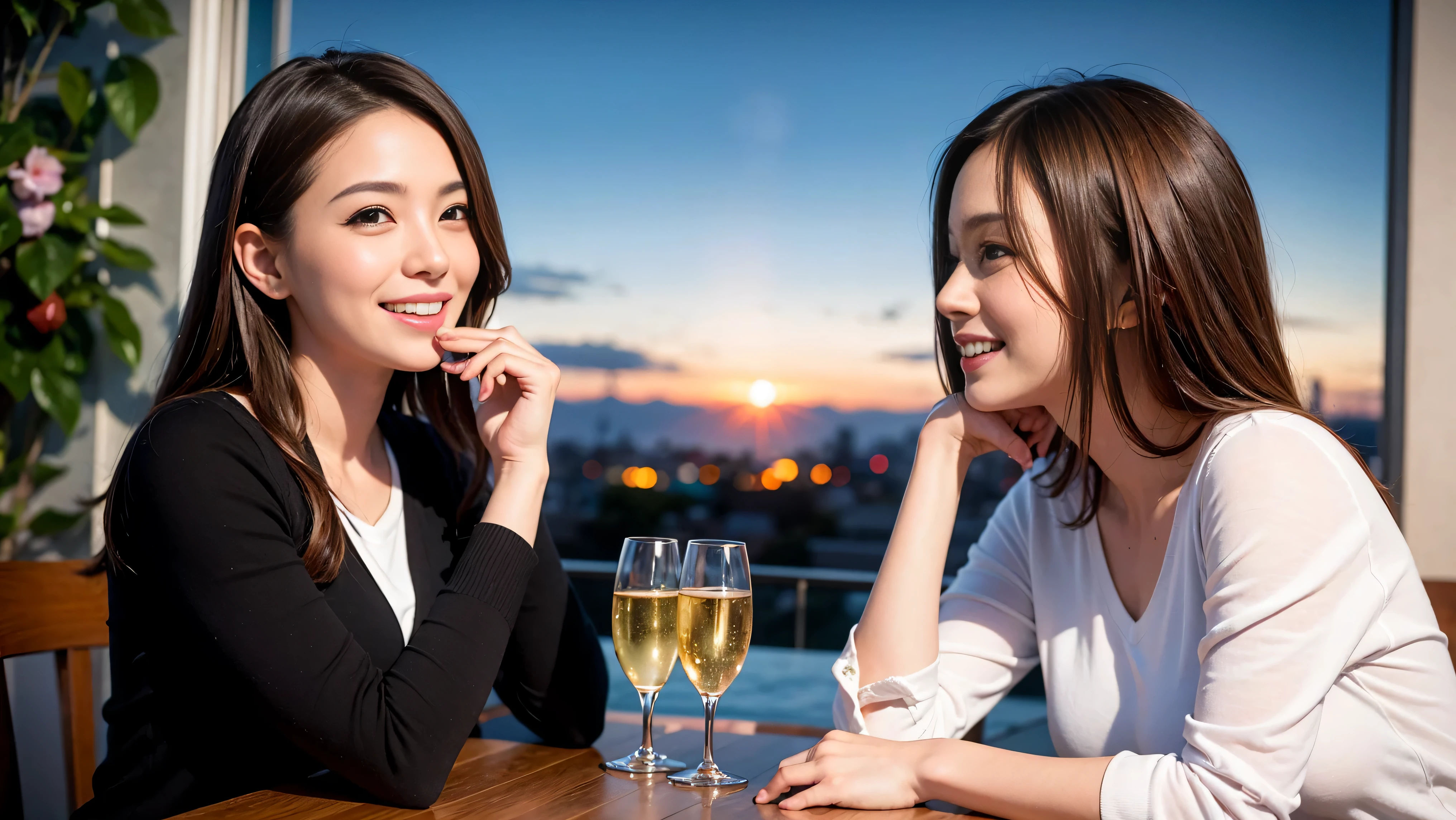 ((highest quality、8k、masterpiece:1.3))、Sharp focus:1.2、Beautiful woman perfect body:1.4、Slim body、((Bob Hale、Straight hair:1.2))、(to be born, highest quality, masterpiece:1.5), (Realistic, Intricate details:1.2), Ultra-high resolution, shine a light on your face、Spectacular view of the sunset sky and clouds、Amazing mountain views、A bright smile、wine glass、red wine 、Appetizer、Italian food、Wine bottle、Champagne、sparkling wine、, Beautiful Face, blue eyes, The light shines on your face, Blushing, short hair,Bright Face、Fox face、 (36 years old), 39 years old, Lady、Two beauties、Brown Hair、Shortcuts、Long sleeve shirt、dress、Pretty Woman 1, (Slim face), (The body is slim), (Brown Hair), (Shortcuts), cheeks turn a little red,Attractive beauty、, Out of the window, A beautiful and detailed night view unfolds.........., restaurant, In a prominent place (From the waist up) Nova Frog Style, actress, model, Upper Body, White wine, slim, wine glass, A wine glass placed in the middle, smile, (smile: 1.15), Beautiful fine grain, Depth f/2,saturation, High Contrast, Strong light and shadow,Moist Body:1.5、3D texture、Delicate eyes、Brown Hair、The hair is very shiny、