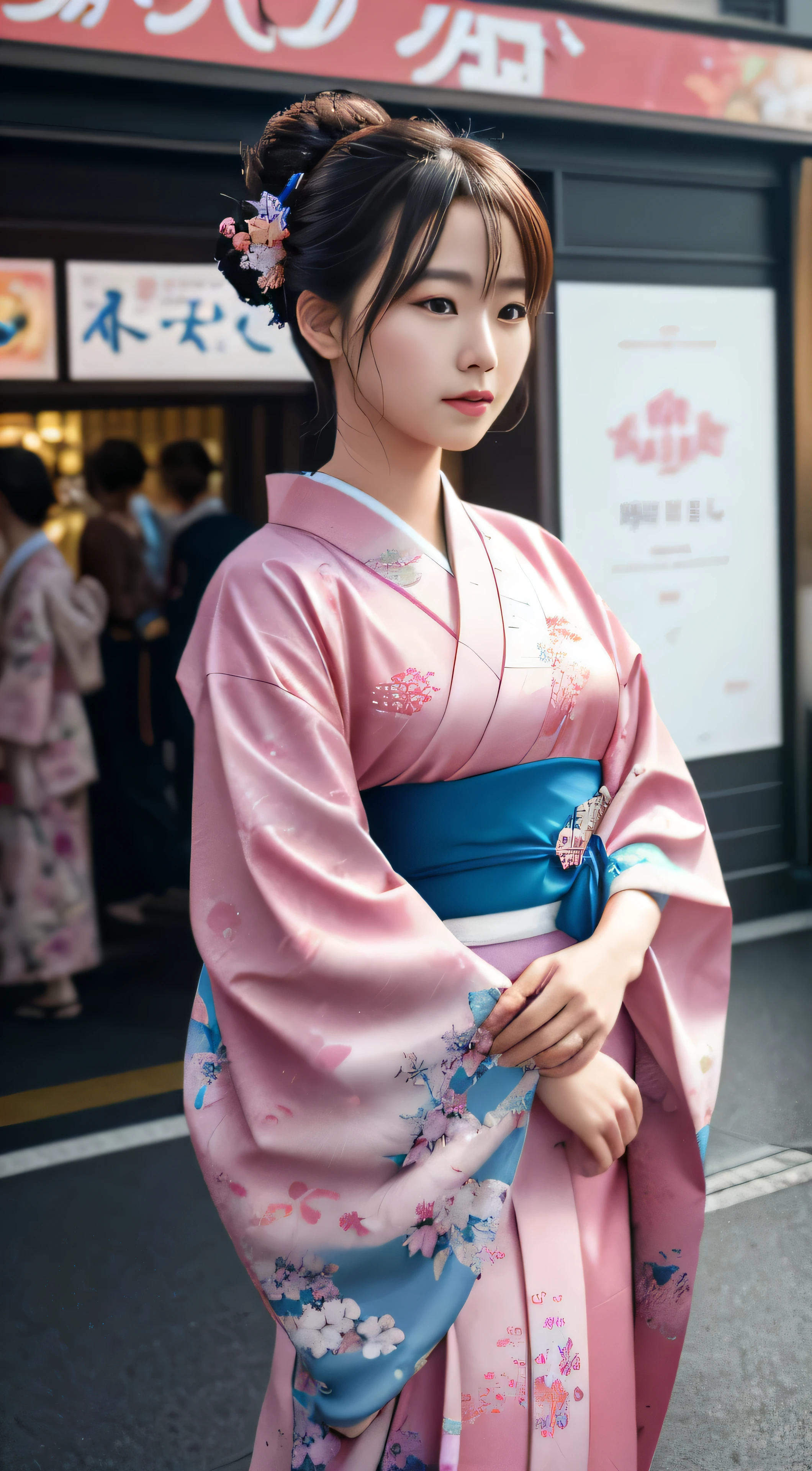 In this exquisite masterpiece, a solitary figure adorned in a pink floral kimono with a blue band captivates the viewer's attention. The image is taken outdoors, with the lively area of Dotonbori serving as the enchanting backdrop. Every detail of her facial features is delicately rendered, from the subtle curves of her cheeks to the intricate lines around her eyes. Her chestnut hair, cascading down her shoulders, adds to the allure of the scene. The highest image quality and high definition CG Unity 8k wallpaper showcase every detail with stunning clarity, allowing the viewer to fully appreciate the artistry of the image.