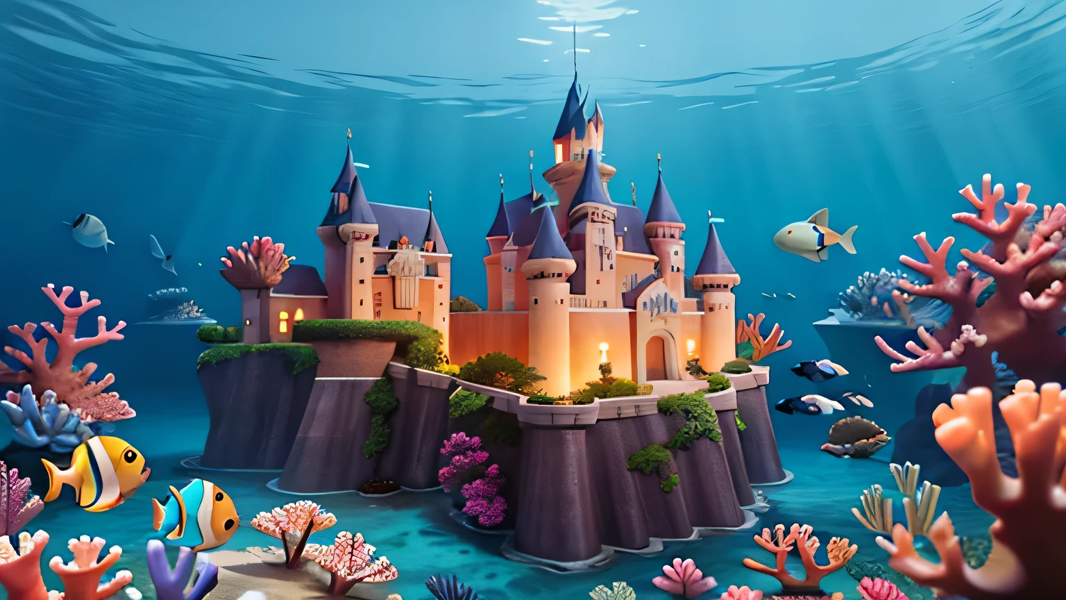 a sea castle,Coral reef fish and marine life in the background