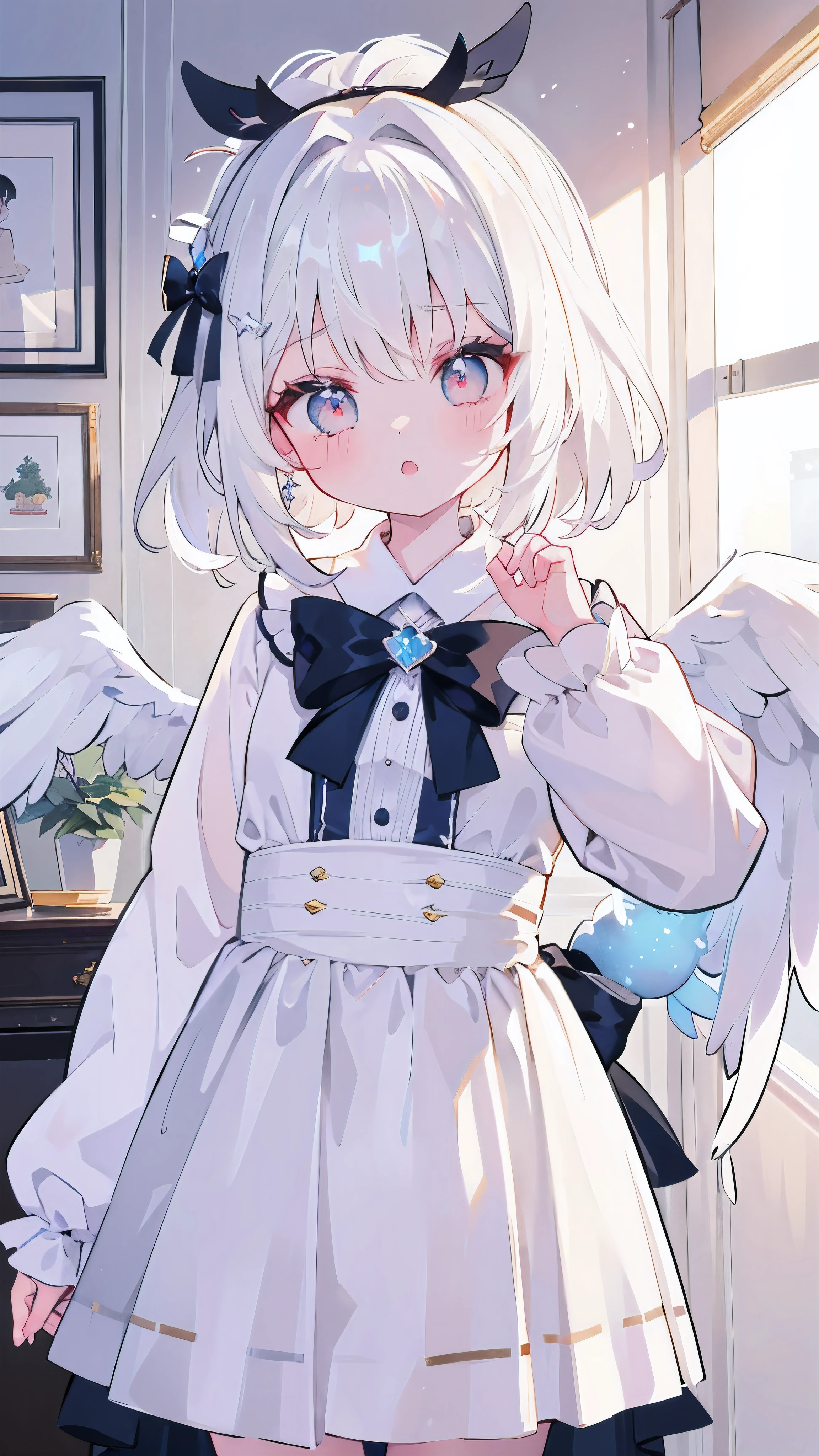 a girl、white hair、medium hair、double tail、Small double ponytail、angel wings hair accessories、Masterpiece、top quality、Top image quality、cute little、idol costume、