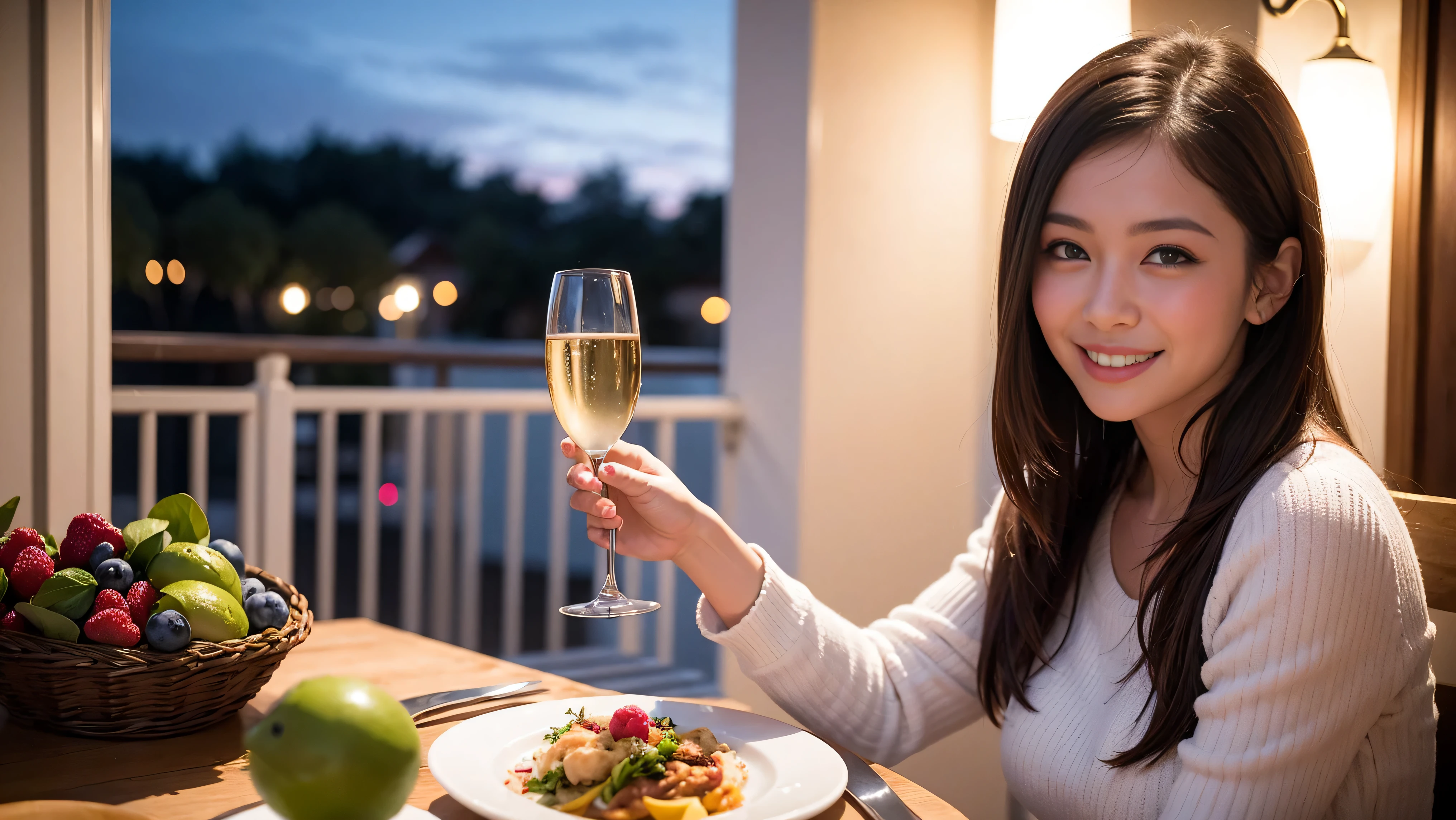 64k, Hmm, highest quality, masterpiece: 1.2), (realistic, photorealistic: 1.37), Spectacular view of the sunset sky and clouds、slimな美女3名, (slimフェイス),Happy、 最高なsmile、Fox face、Berry Short、(because I'thin), (brown hair), (shortcut), long sleeve shirt、winter fashion、Colombian、Brazilian、Japanese、Dutch、German、Portuguese、Belgian、Italian、French,Champagne、sparkling wine、 (gush out), (slimボティ), (brown hair), (shortcut), neat beauty、cheeks turn a little red, (35 years old), 38 years old, alone, A beautiful and detailed night view spreads out outside the window...., restaurant, wine glassが座っている, At night, in a prominent place (from the Upper body) nova frog style, actress, model, Upper body, White wine, slim, wine glass, Very beautiful night view, wine glass Put in the Middle, Happy smile, (smile: 1.15),