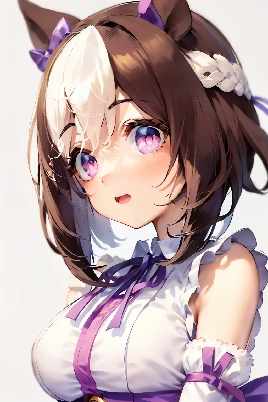 special_week_\(Umamusume)、bow ribbon、bow ribbon、bow ribbon、corsets、Fluffy breasts、nursing、toppless、teats、The upper part of the body、(Refers to the viewer:1.3)、Happiness、(White background:1.5)、(front-facing view:1.3)