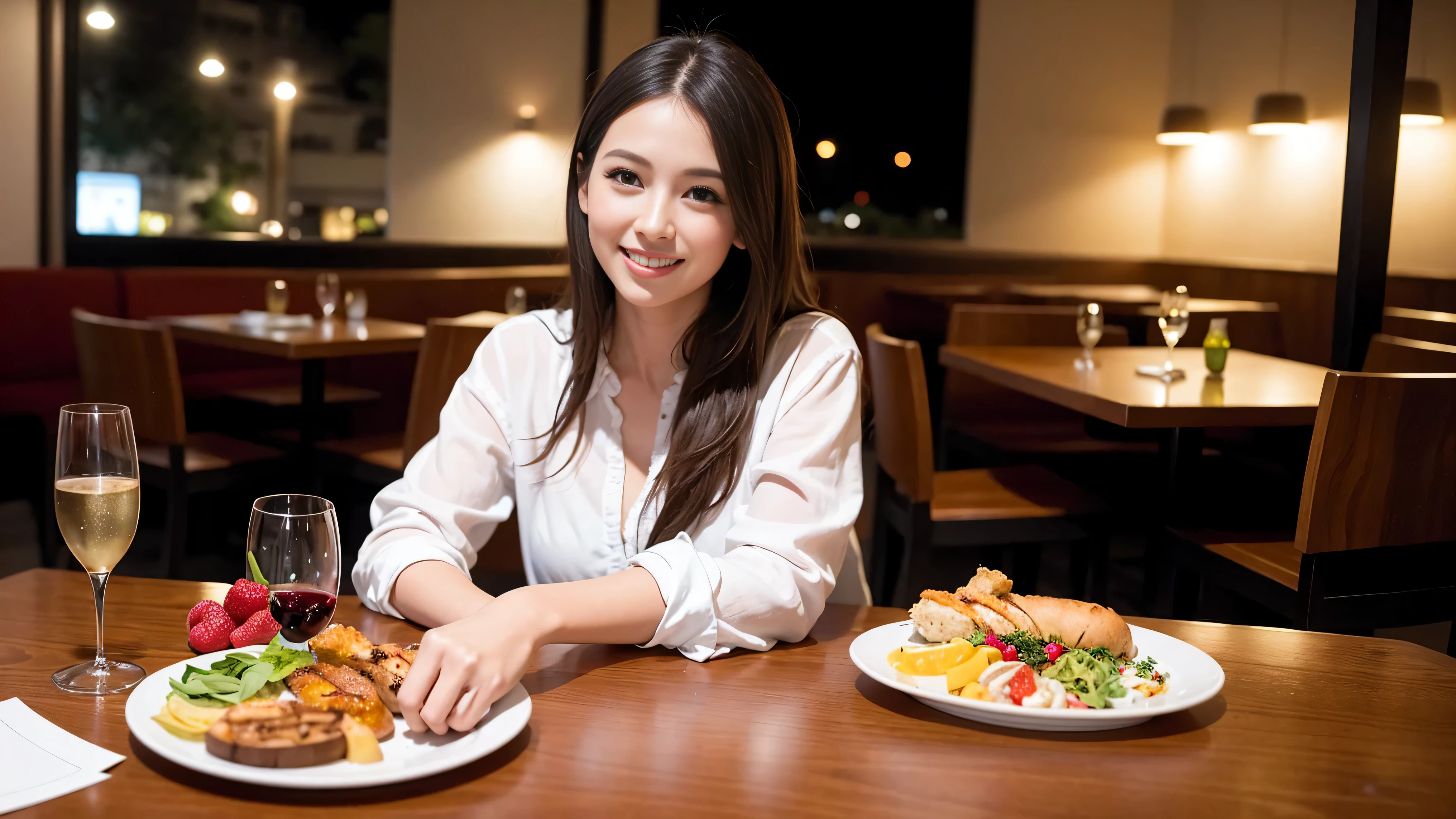 64k, Hmm, highest quality, masterpiece: 1.2), (realistic, photorealistic: 1.37), Spectacular view of the sunset sky and clouds、slimな美女3名, (slimフェイス),Happy、 最高なsmile、Fox face、Berry Short、(because I'thin), (brown hair), (shortcut), long sleeve shirt、winter fashion、Colombian、Brazilian、Japanese、Dutch、German、Portuguese、Belgian、Italian、French,Champagne、sparkling wine、 (squirt), (slimボティ), (brown hair), (shortcut), neat beauty、cheeks turn a little red, (35 years old), 38 years old, alone, A beautiful and detailed night view spreads out outside the window....., restaurant, wine glassが座っている, At night, in a prominent place (from the Upper body) nova frog style, actress, model, Upper body, White wine, slim, wine glass, Very beautiful night view, wine glass Put in the Middle, Happy smile, (smile: 1.15),