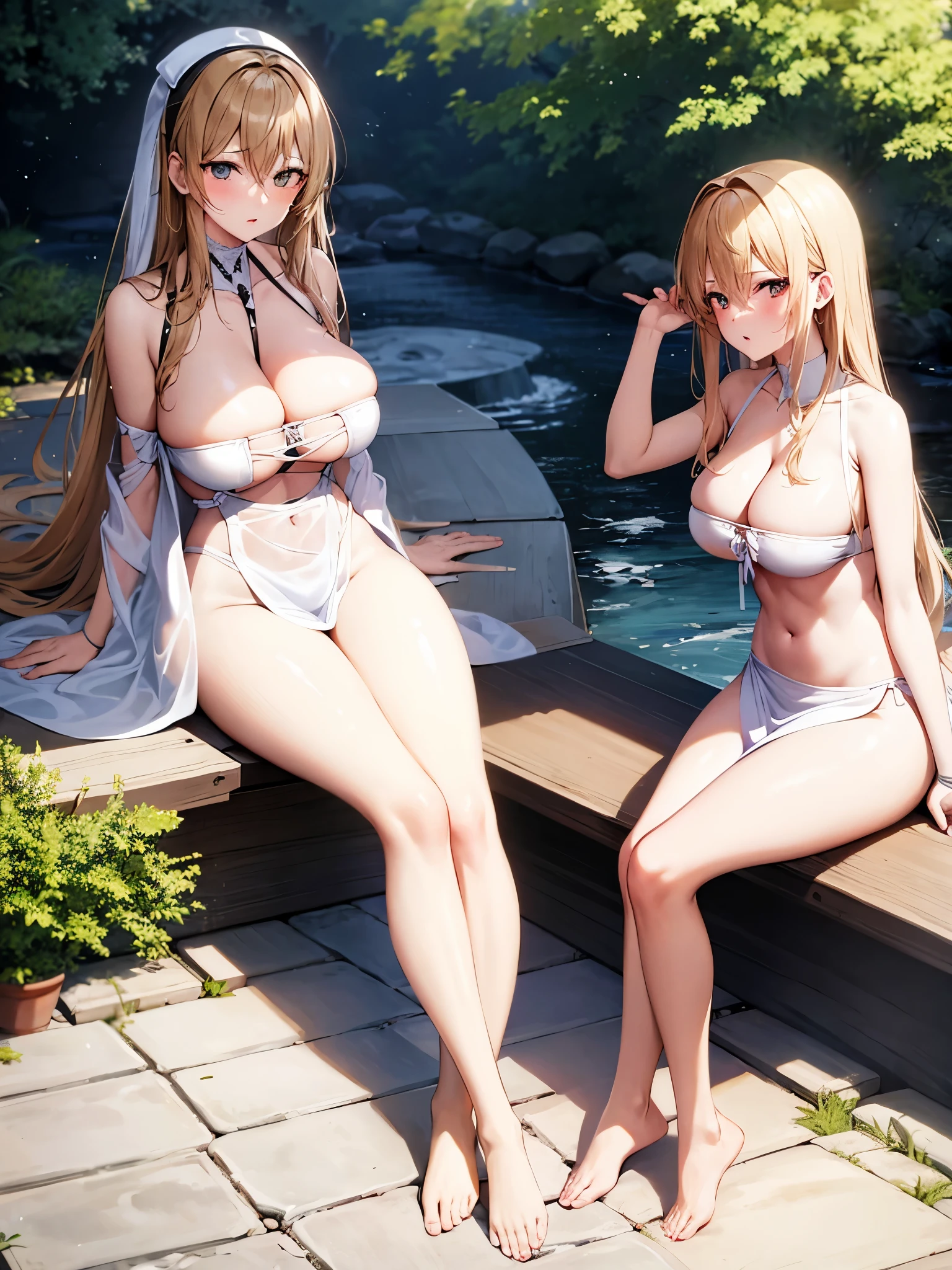 girl,Big breasts,white silk,no shoes,Married woman,blond,sitting,barefoot,Lift your legs,Soaking in hot springs