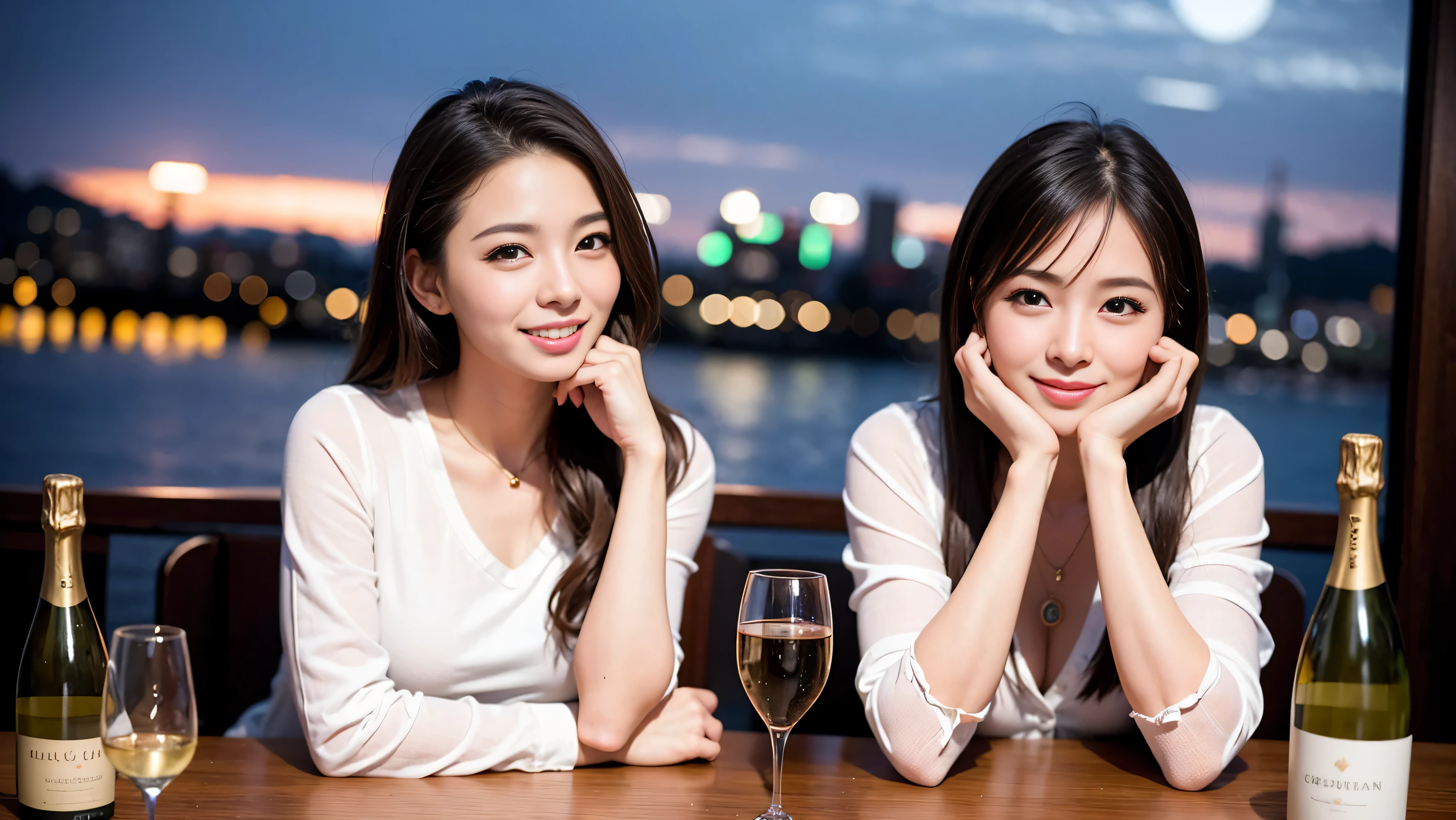 64k, Hmm, highest quality, masterpiece: 1.2), (realistic, photorealistic: 1.37), Spectacular view of the sunset sky and clouds、slimな美女3名, (slimフェイス),Happy、 最高なsmile、Fox face、Berry Short、(because I'thin), (brown hair), (shortcut), long sleeve shirt、winter fashion、Colombian、Brazilian、Japanese、Dutch、German、Portuguese、Belgian、Italian、French,Champagne、sparkling wine、 (squirt), (slimボティ), (brown hair), (shortcut), neat beauty、cheeks turn a little red, (35 years old), 38 years old, alone, A beautiful and detailed night view spreads out outside the window....., restaurant, wine glassが座っている, At night, in a prominent place (from the Upper body) nova frog style, actress, model, Upper body, White wine, slim, wine glass, Very beautiful night view, wine glass Put in the Middle, Happy smile, (smile: 1.15),