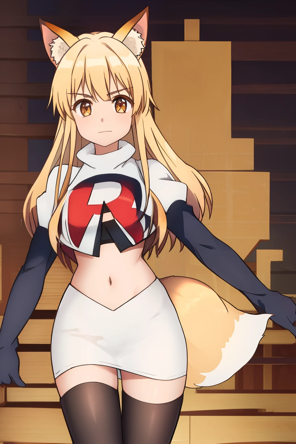 nina, 1girl, solo, long_hair, looking_at_viewer, bangs, blonde_hair, animal_ears, brown_eyes, yellow_eyes, animal_ear_fluff, fox_ears, sleeveless_kimono, team rocket,team rocket uniform, red letter R, white skirt,white crop top,black thigh-highs ,black elbow gloves