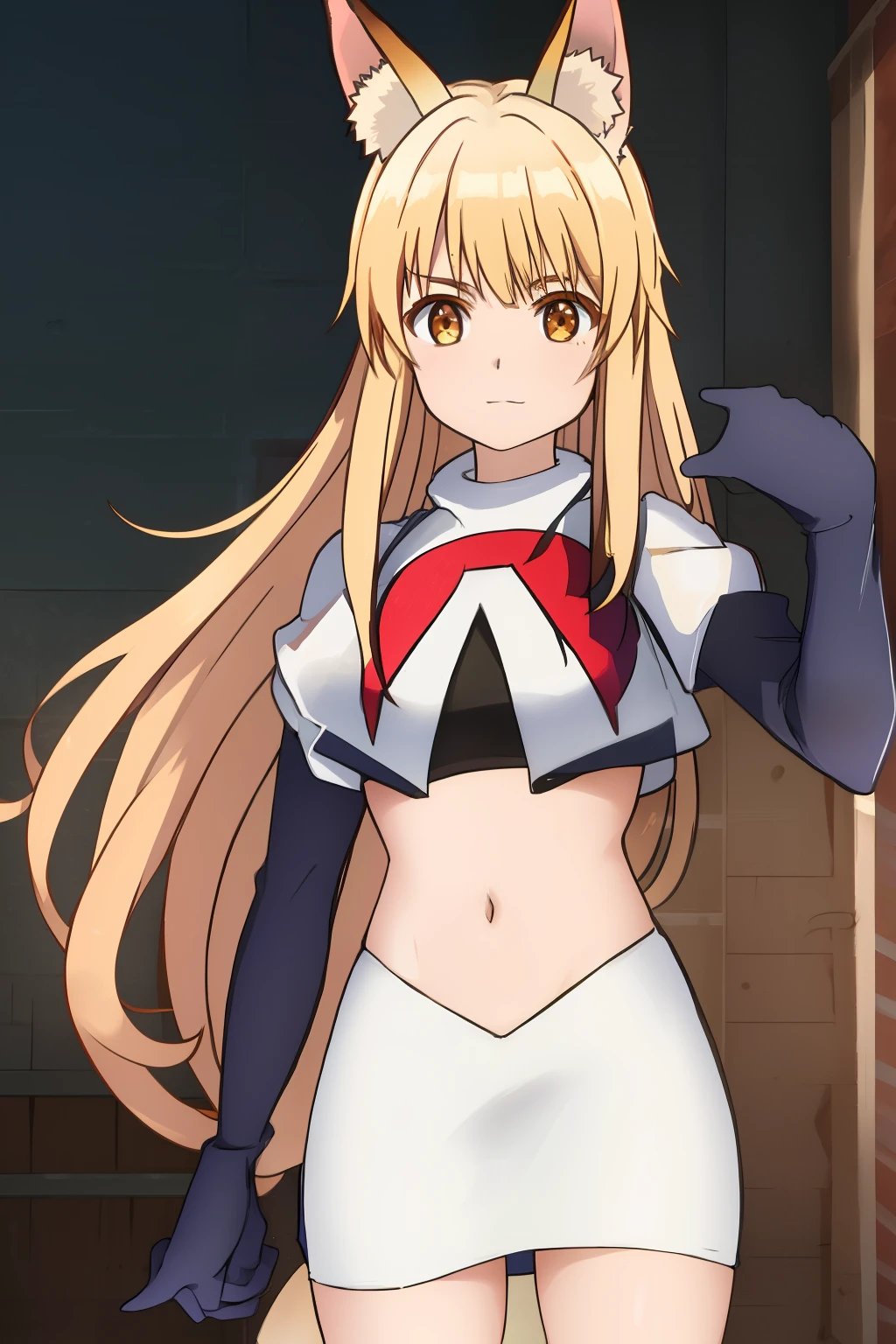 nina, 1girl, solo, long_hair, looking_at_viewer, bangs, blonde_hair, animal_ears, brown_eyes, yellow_eyes, animal_ear_fluff, fox_ears, sleeveless_kimono, team rocket,team rocket uniform, red letter R, white skirt,white crop top,black thigh-highs ,black elbow gloves