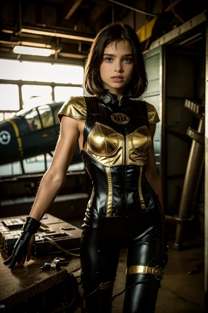 ((best quality)), ((masterpiece)), (detailed),a girl,alluring female pilot in black and gold vaultgirl combat suit from fallout game.
，  cluttered repair shop, scattered fighter plane parts, (authentic fighter plane ambiance:1.2), 8k resolution,looking at another, looking away,masterpiece, best quality,Photorealistic, ultra-high resolution, photographic light. flirts with camera